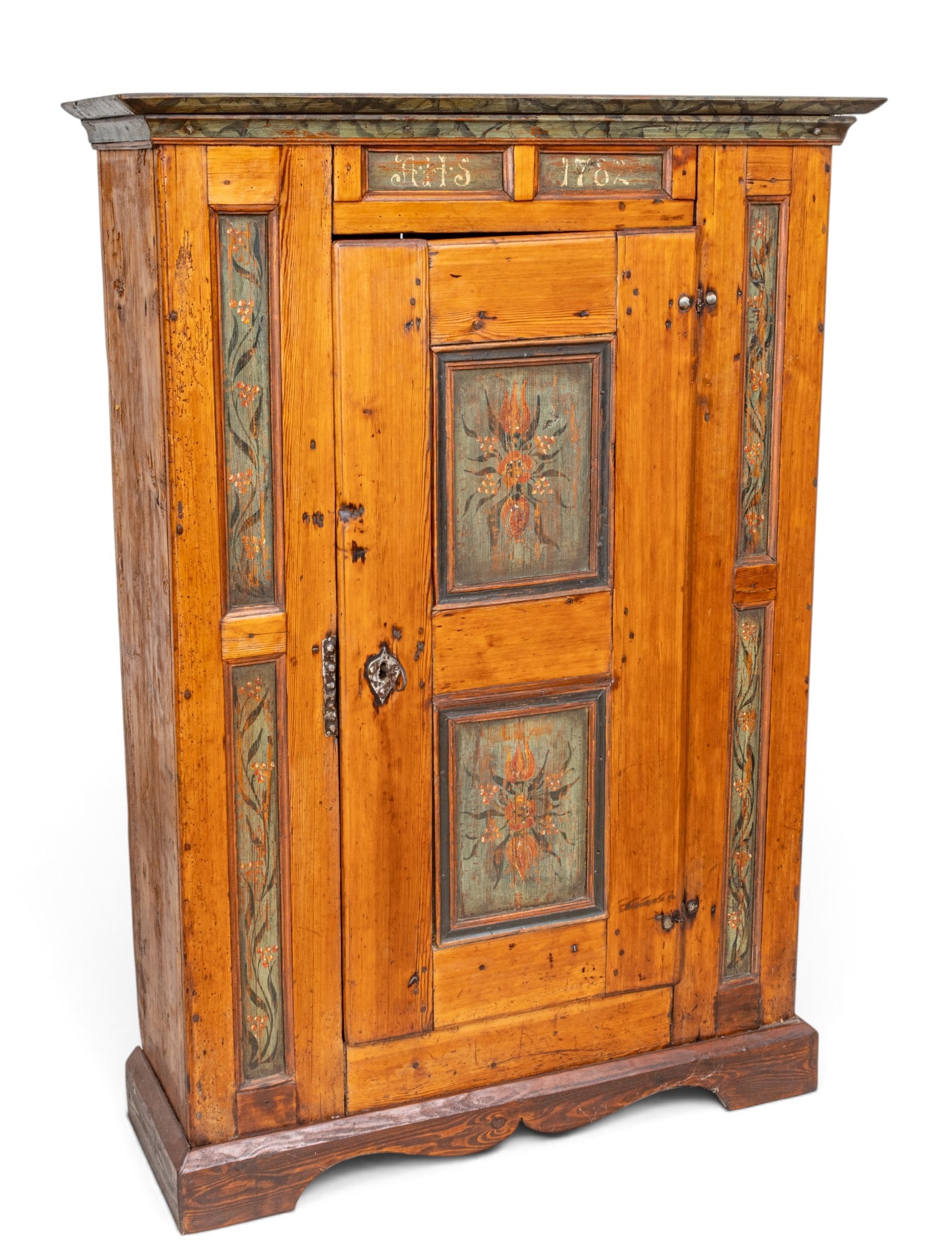 Folkart Paint Decorated Pine Bridal Cabinet, Ca. 18th C., H 63" W 44" Depth 15" 1 PC (1 of 14)