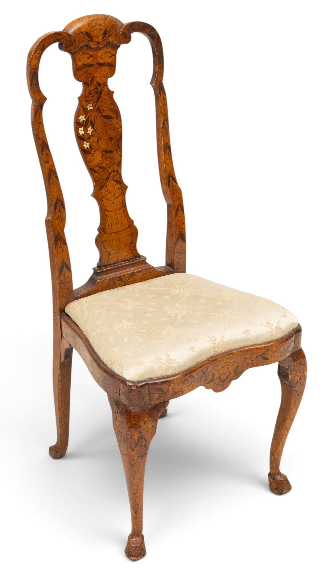 English Queen Ann Mahogany Side Chair, Marquetry Inlay with Bird Among Flowers 1800, H 42" W 19" (1 of 5)