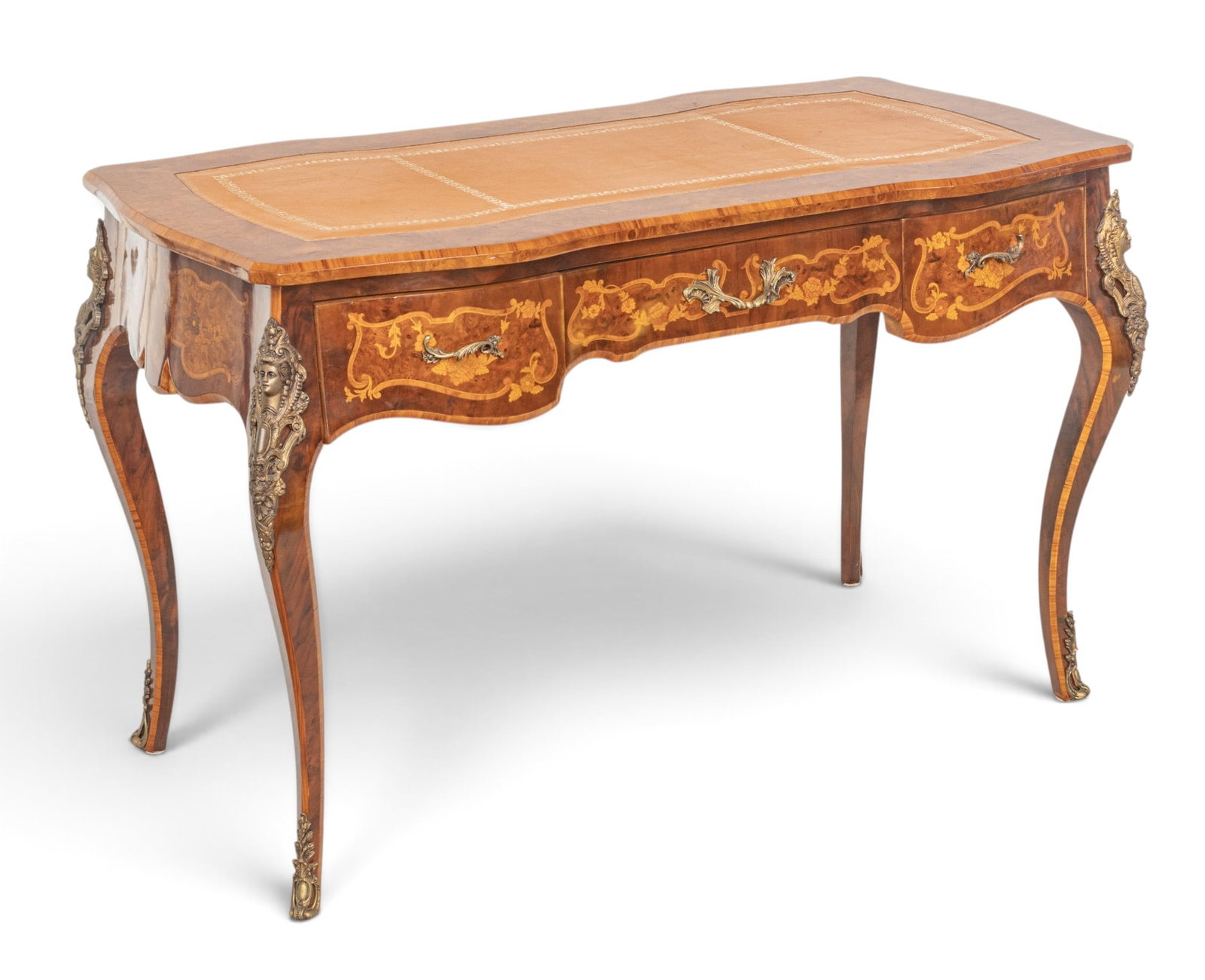 Louis XV Style Walnut Writing Desk, Satinwood Inlay 1950, H 32" L 52" Depth 26" 1 PC (1 of 15)