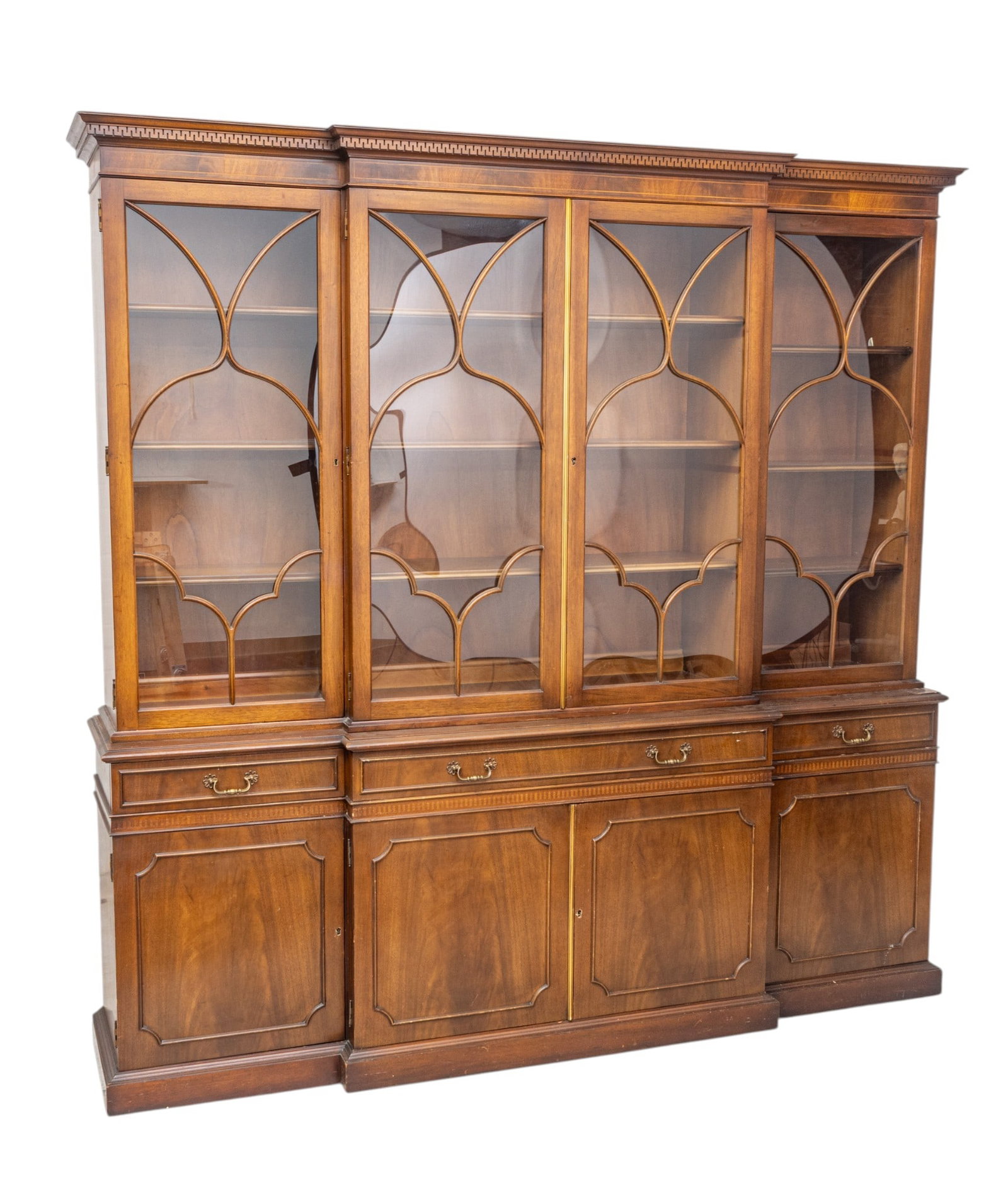American Mahogany Mahogany Breakfront with Display and Storage, Ca. 1960, H 84" L 84" Depth 16": American Mahogany Mahogany Breakfront with Display and Storage, Ca. 1960, H 84" L 84" Depth 16" Features an upper display section with glass panes overlaid by an open, net-like or lattice-work wood de