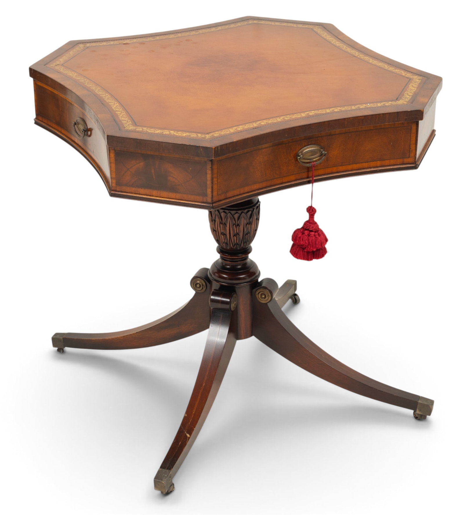 American Mahogany with Gilt Tooled Leather Top Occasional Table, 1950, H 28" W 27" L 27" 1 PC: American Mahogany with Gilt Tooled Leather Top Occasional Table, 1950, H 28" W 27" L 27" 1 PC Federal style Having a tooled leather top with gilt stenciling. Canted corners. Four brass drop pulls. One