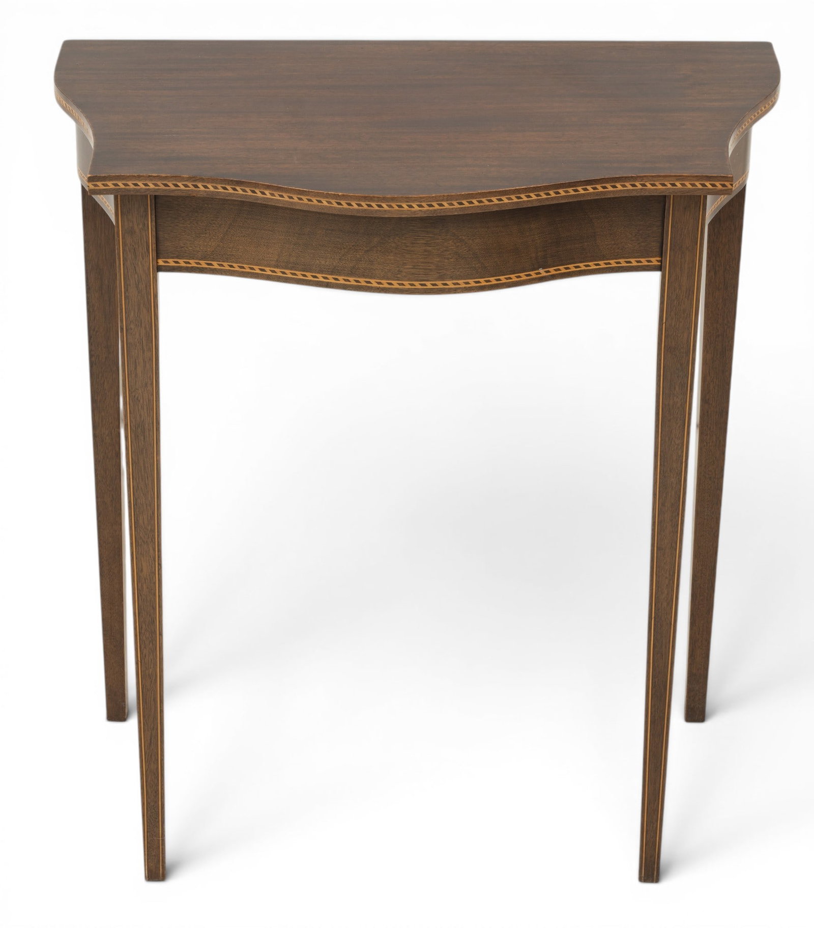 Mahogany Hepplewhite Style Small Console Table, Satinwood Inlay 1950, H 27" W 24" Depth 14" 1 PC: Mahogany Hepplewhite Style Small Console Table, Satinwood Inlay 1950, H 27" W 24" Depth 14" 1 PC Straight tapered legs with satinwood string inlay. Serpentine satinwood inlay also around border. 