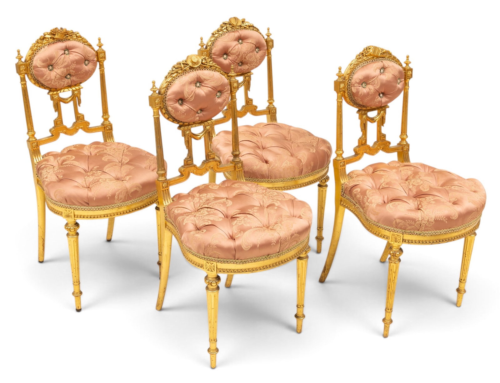 Set of Four Louis XVI Style Gilt Carved Wood Music Chairs, Ca. Early 20th C., H 35" W 17" Depth 19" (1 of 9)