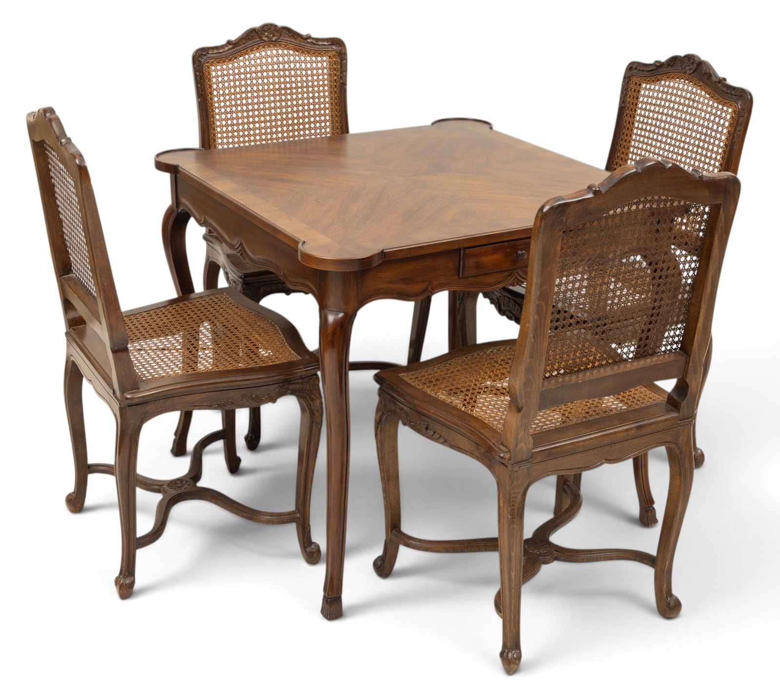 John Widdicomb Louis XV Walnut Games Table + Set of 4 Hand Carved and Cane Side Chairs, Ca. 1960, H (1 of 7)