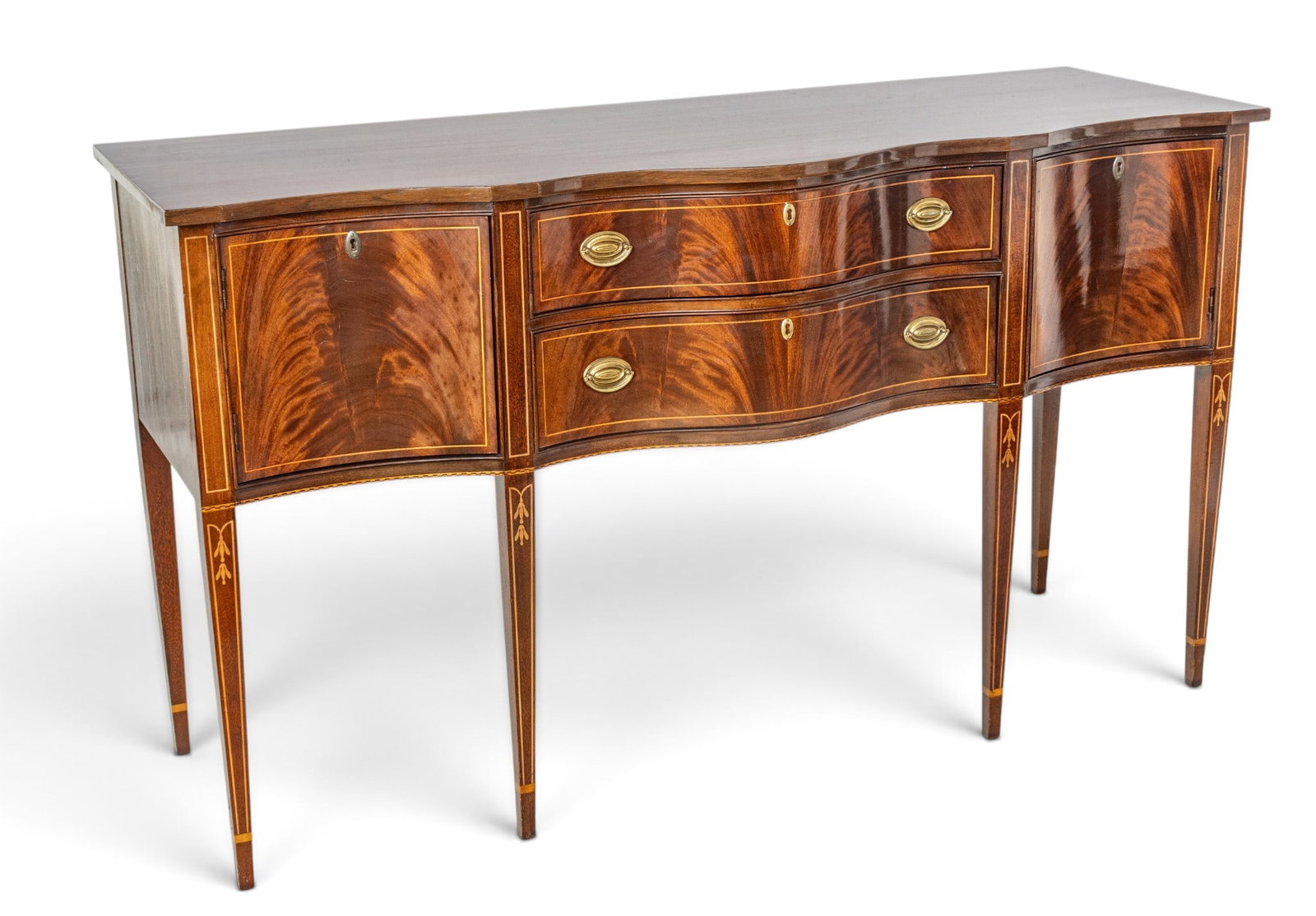 Hickory White Furniture Company (American) Federal Style Mahogany Sideboard 1960, H 38" L 66" Depth: Hickory White Furniture Company (American) Federal Style Mahogany Sideboard 1960, H 38" L 66" Depth 24" 1 PC American Masterpiece Collection. Serpentine front with four legs having satinwood string in