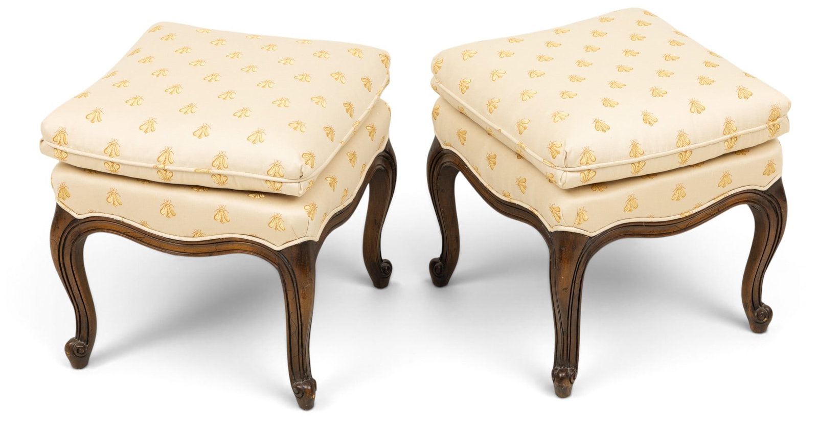 French Louis XV Style Upholstered Benches, Carved Walnut 1960, H 18" W 16" L 16" 1 PAIR (1 of 2)