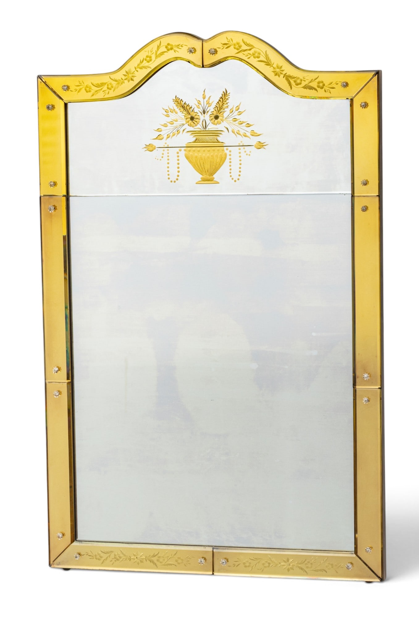 Italian, Venetian Hollywood Regency Style Etched Light Amber Glass Wall Mirror, Ca. 1970, H 40" W: Italian, Venetian Hollywood Regency Style Etched Light Amber Glass Wall Mirror, Ca. 1970, H 40" W 25" Having a scalloped arch with etched glass floral and leaf design adorning the border. Upper 