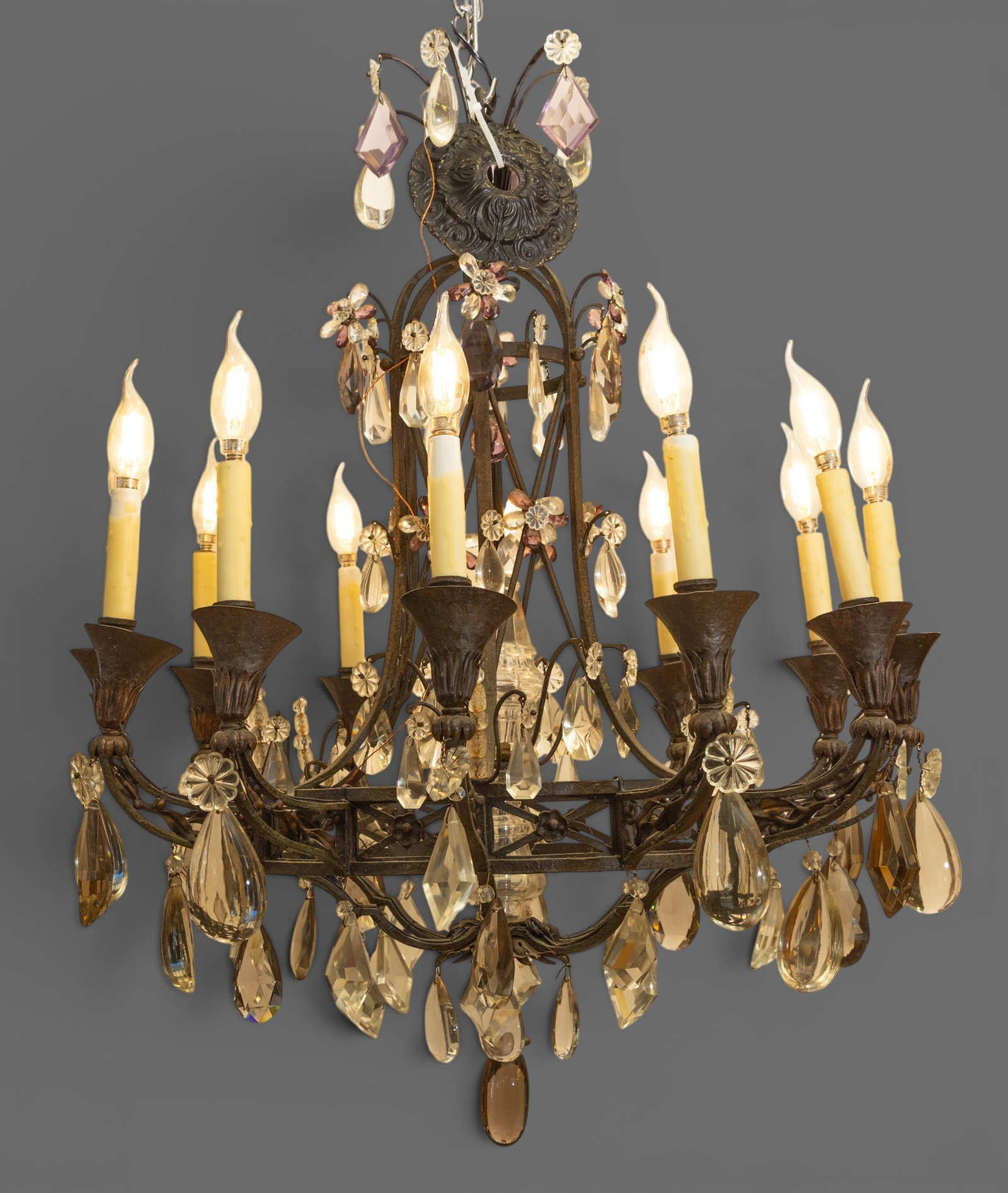 French Wrought Iron with Crystals 12 Light Chandelier 1940, H 39" Dia. 37" 1 PC (1 of 6)