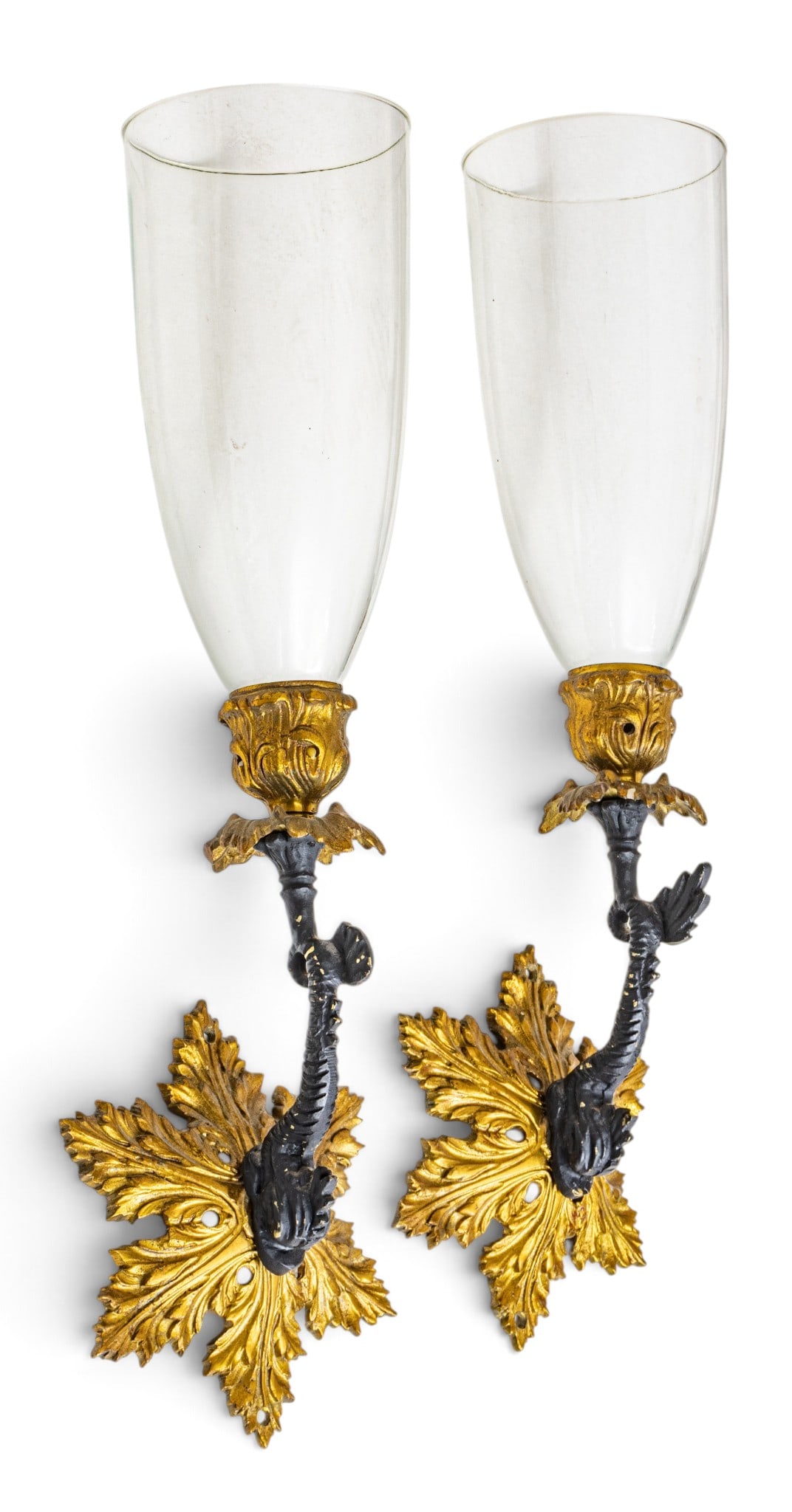 Pair of Brass Wall Sconces with Dolphin Supports and Glass Hurricanes H 13" W 6" 1 PAIR (1 of 6)