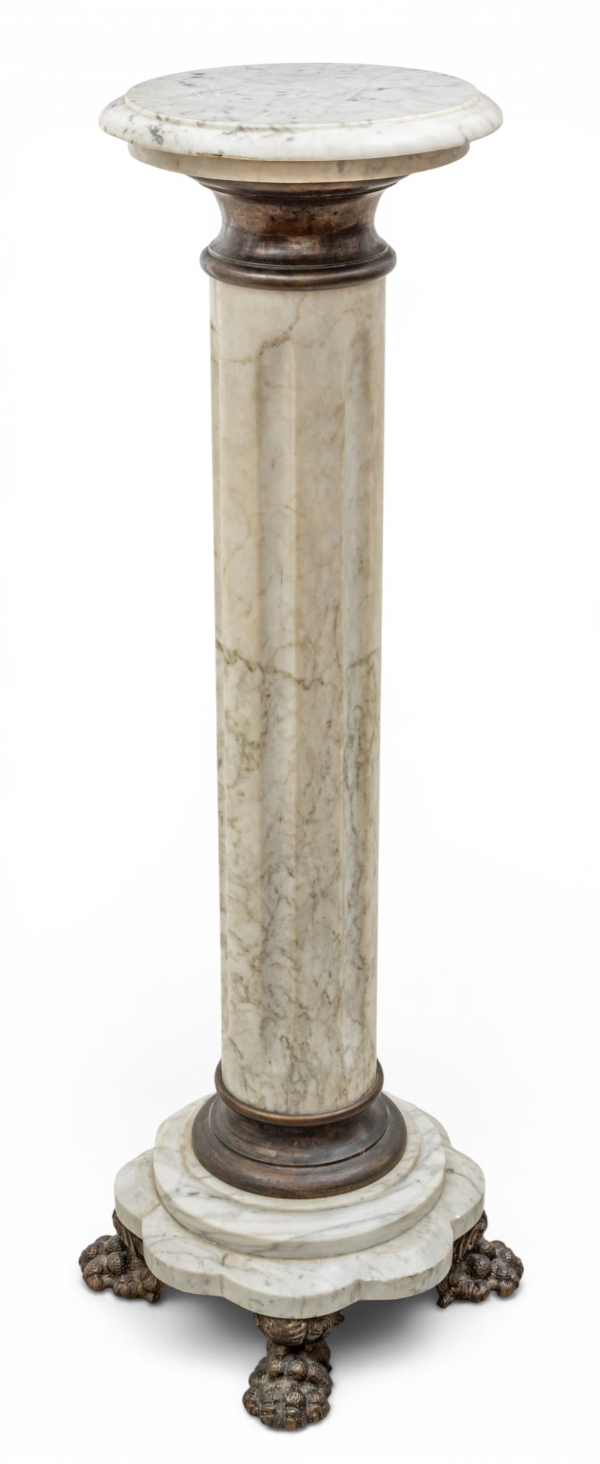 French Napoleon III White Marble and Bronze Doric Pedestal Column 1900, H 46.5" Dia. 15" 1 PC (1 of 7)