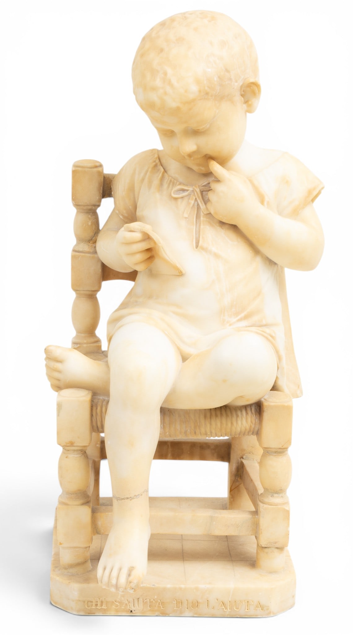 Cesare Lapini (Italian, 1848-1893) Carved Alabaster Sculpture, Ca. 1892, 'Child Seated in a Rush (1 of 4)
