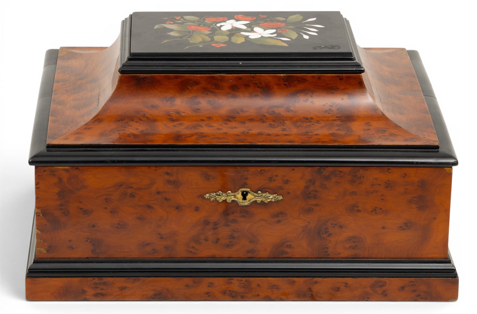 Italian Florentine Burlwood and Pietra Dura Document Box, Ca. 1900, H 8" W 14.5" Depth 11.75" (1 of 5)