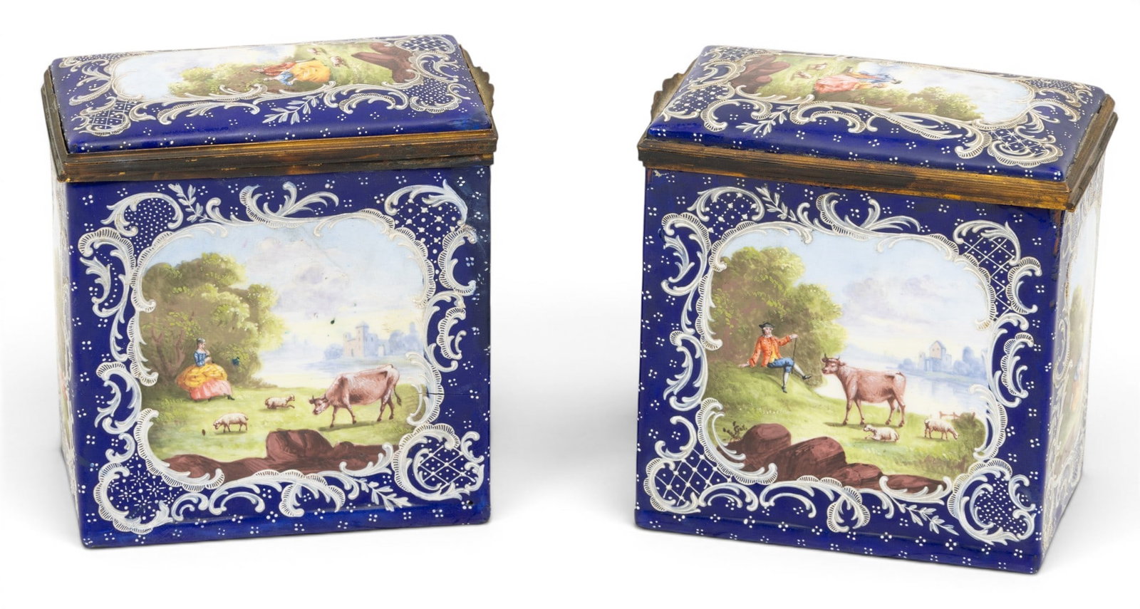 English Battersea Enamel Boxes, Ca. 18th C., H 5.5" W 4.5" 1 PAIR (1 of 7)