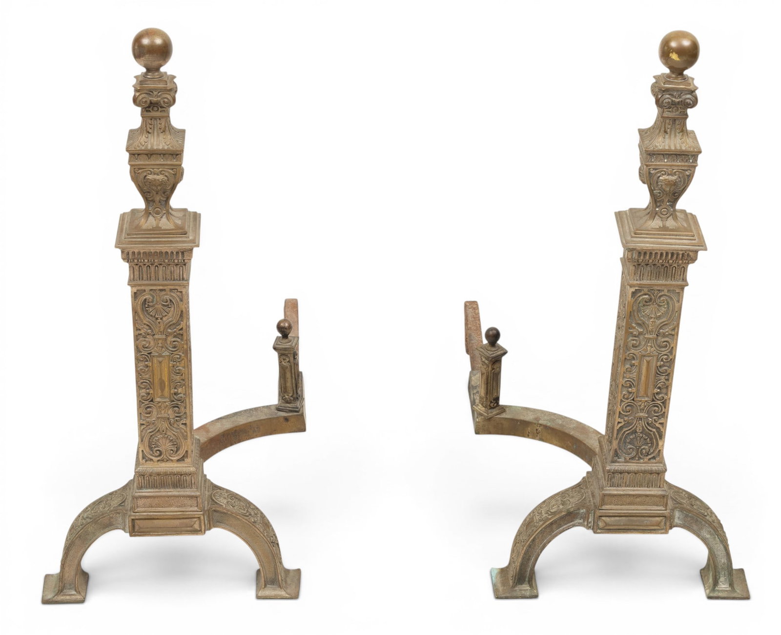 Continental Neoclassical Style Bronze Andirons 19th C., H 33" W 14.5" Depth 31" 1 PAIR: Continental Neoclassical Style Bronze Andirons 19th C., H 33" W 14.5" Depth 31" 1 PAIR Having architectural columns with bas relief Neoclassical motifs topped by ornamental finials. Provenance: Charle