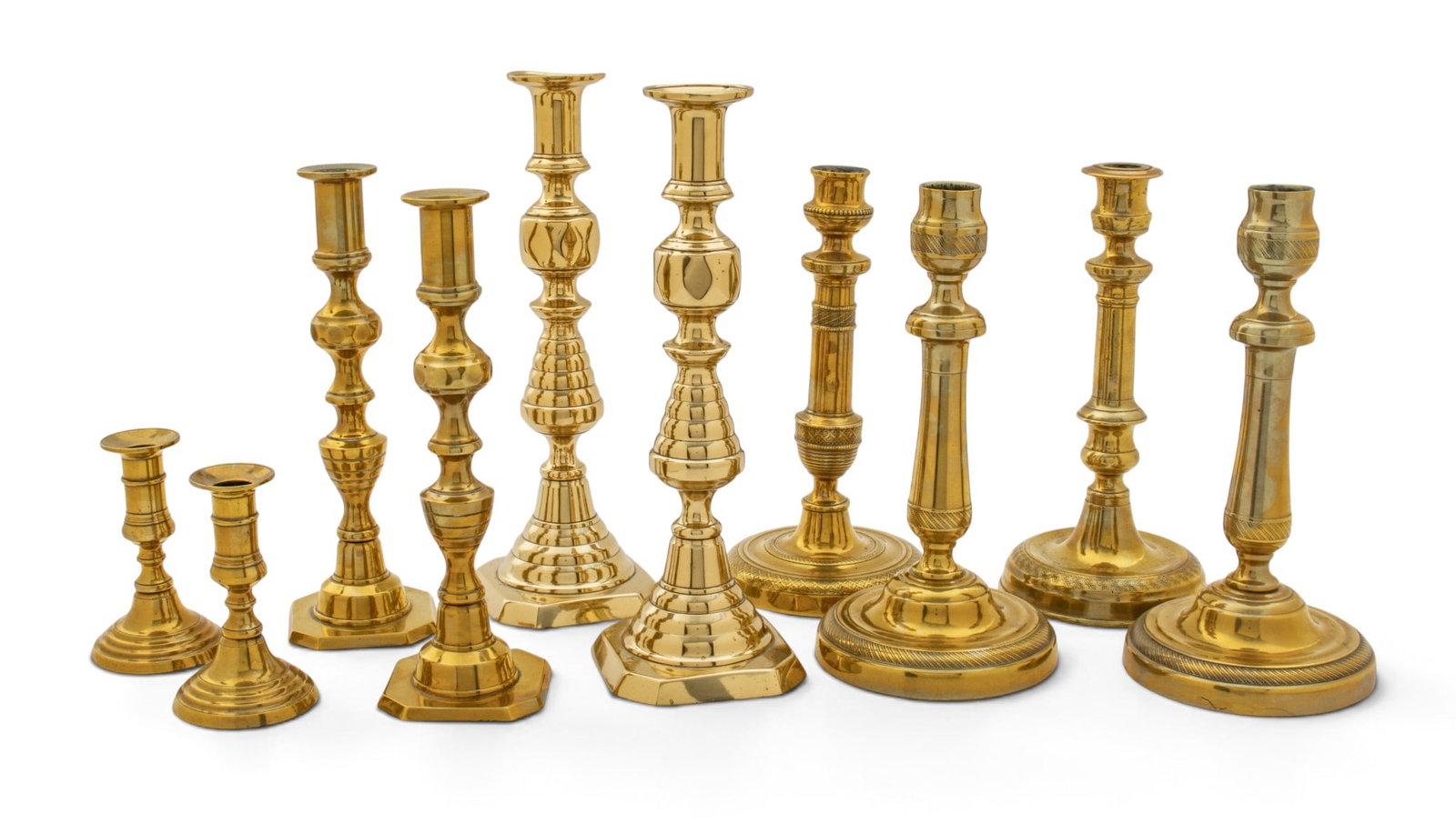 Ten English Brass Candlesticks: 5", 10", 12". 19th.c., 10 PCS (1 of 5)