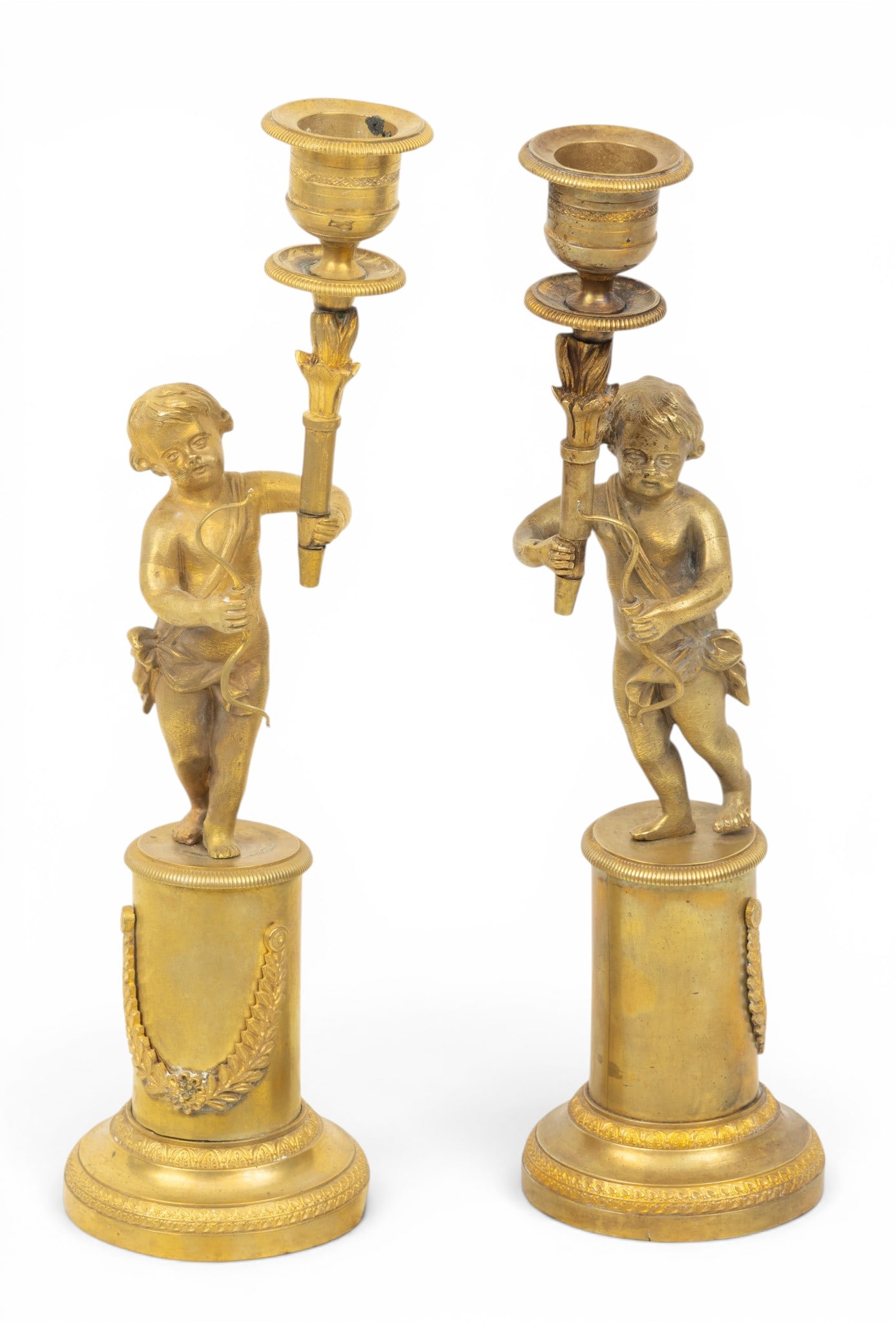 French Directoire Gold Bronze Candlesticks, Putti Holding Torches Aloft, Ca. 1850, H 11" W 3" 1 PAIR (1 of 4)