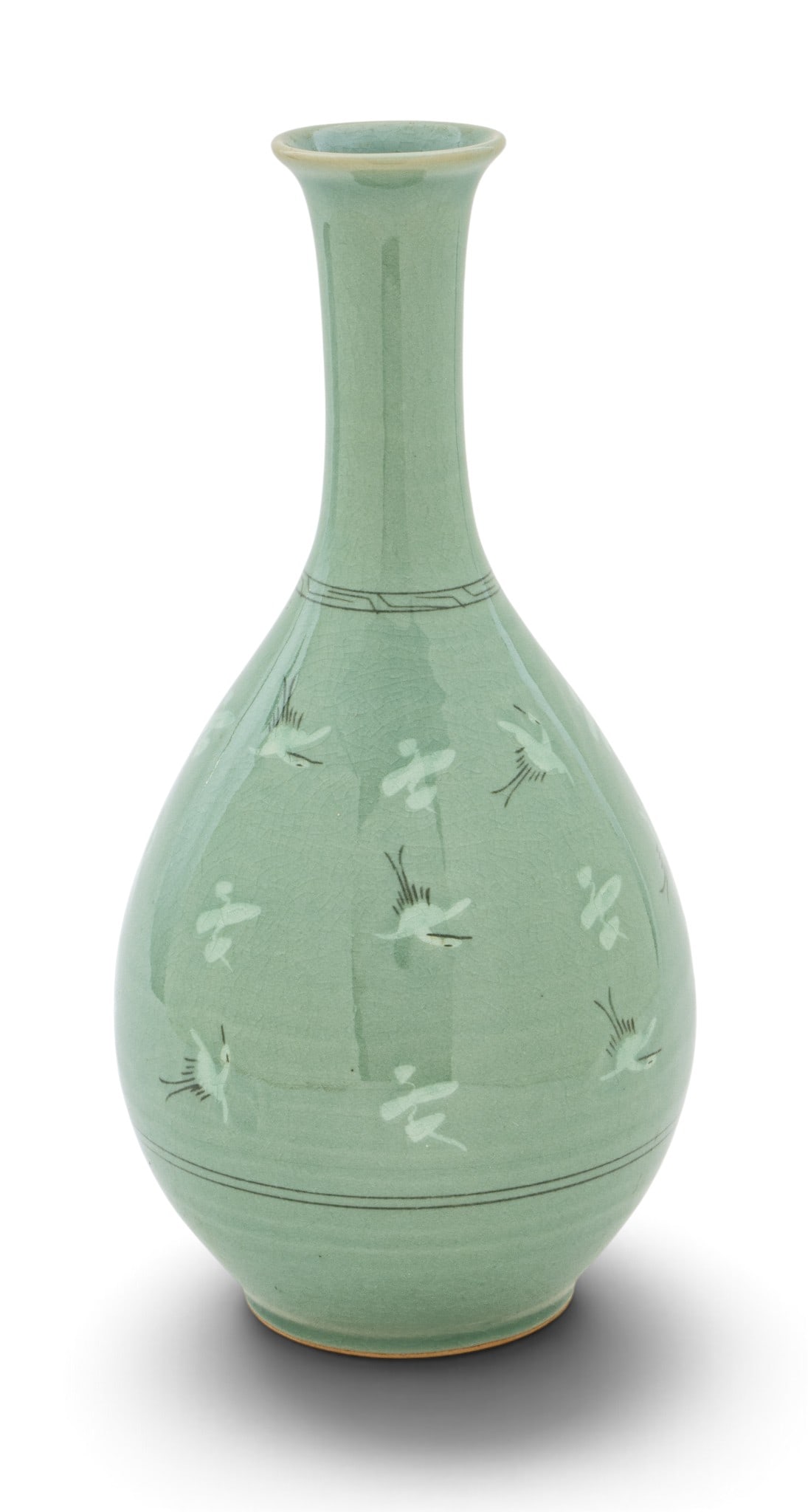 Korean Celadon Stick Neck Bottle Vase 20th C., H 12.25" Dia. 6" 1 PC (1 of 7)
