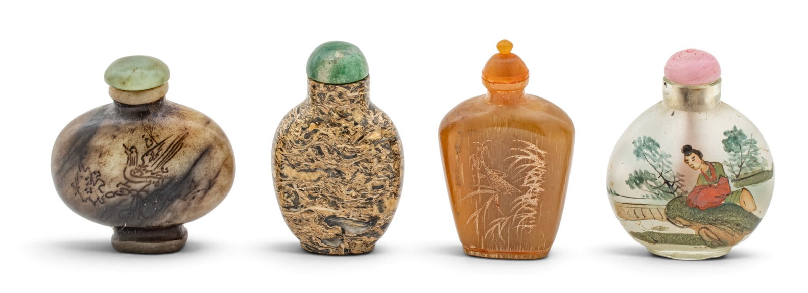 Chinese Group of Four Stone, Reverse Glass, & Horn Snuff Bottles Early 20th C., H 2.75" W 1.5" 4 PCS (1 of 12)