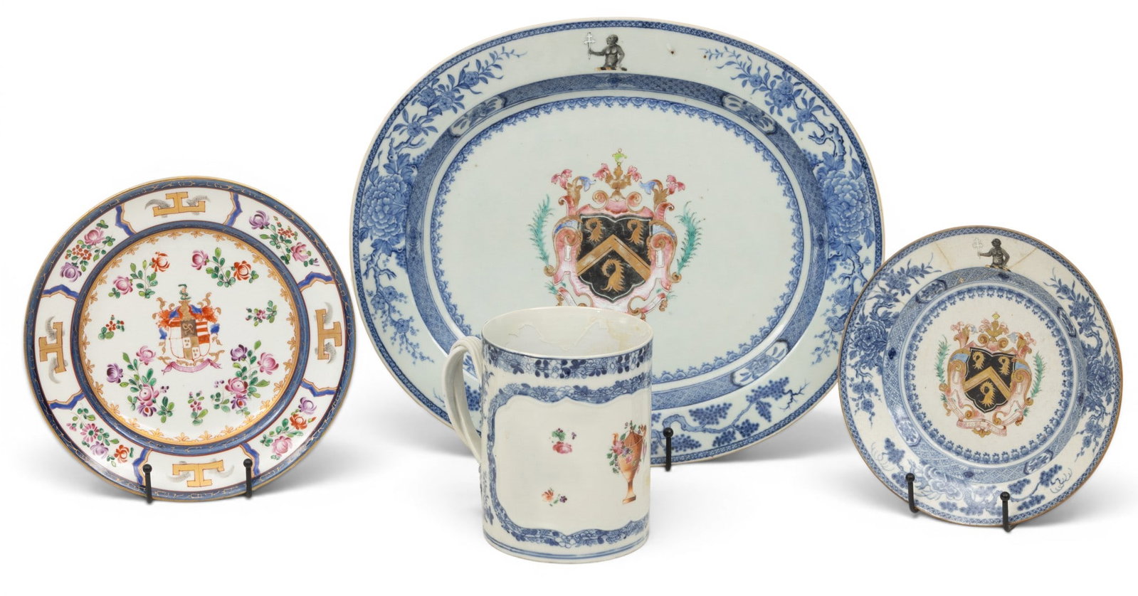 Chinese Export 4 Pieces Hand-Painted Armorial Porcelain: Mug, Tray, Plates 18th.c., 4 PCS: Chinese Export 4 Pieces Hand-Painted Armorial Porcelain: Mug, Tray, Plates 18th.c., 4 PCS Including: 1 platter, 2 plates, 1 tankard. Tankard has been professionally repaired at rim H 6" W 6" with doub