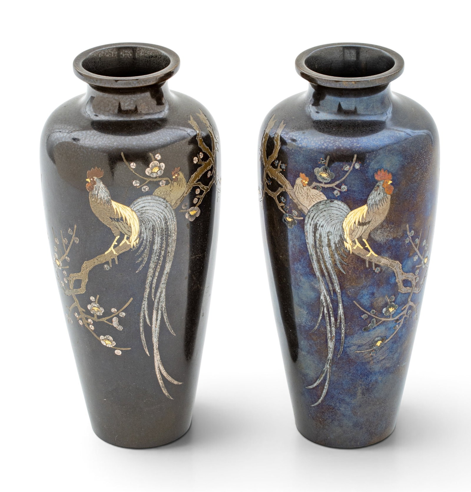 Pair of Japanese Inlaid Bronze Baluster Vases, Ca. Late 19th C., H 8.5" Dia. 3.5" 2 PCS (1 of 6)