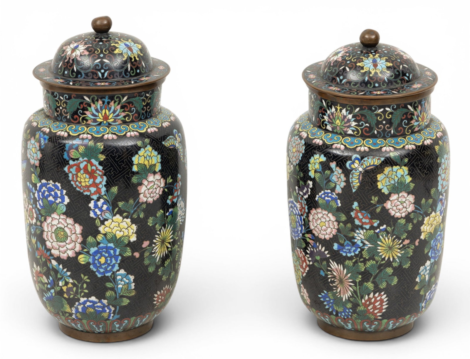 Chinese Cloisonne Covered Vases 1900, H 11" Dia. 6" 1 PAIR (1 of 5)