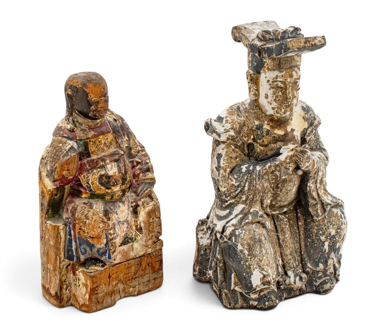 Chinese Polychrome Carved Wood Seated Temple Figure, Ca. 18th C. + Another, H 13" W 7" Depth 5" 2 (1 of 10)