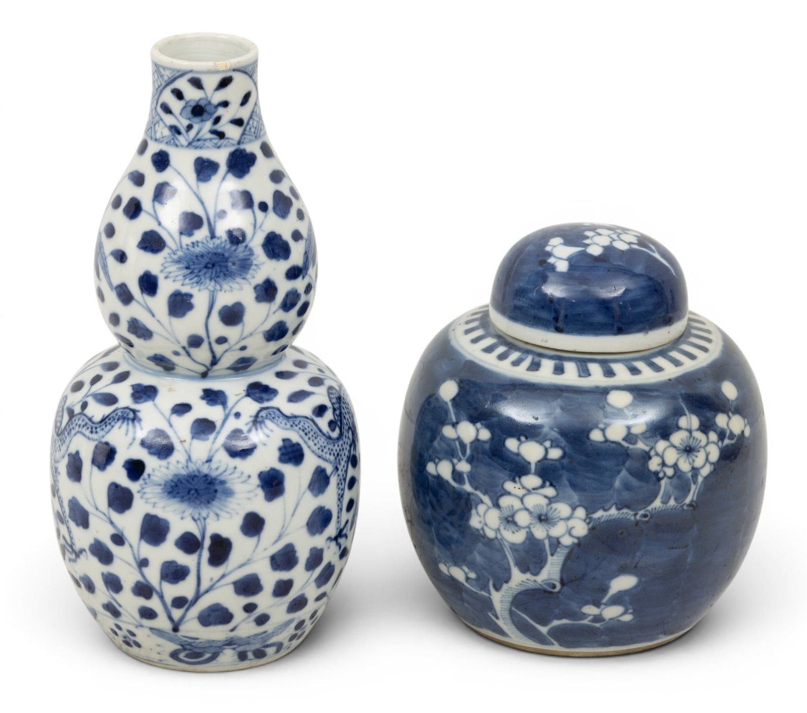 Chinese Blue and White Double Gourd Vase and Temple Jar Early 20th C., 2 PCS: Chinese Blue and White Double Gourd Vase and Temple Jar Early 20th C., 2 PCS The gourd vase having a blue and white ground decorated with flowers and dragons. Kangxi mark to base. The lidded temp