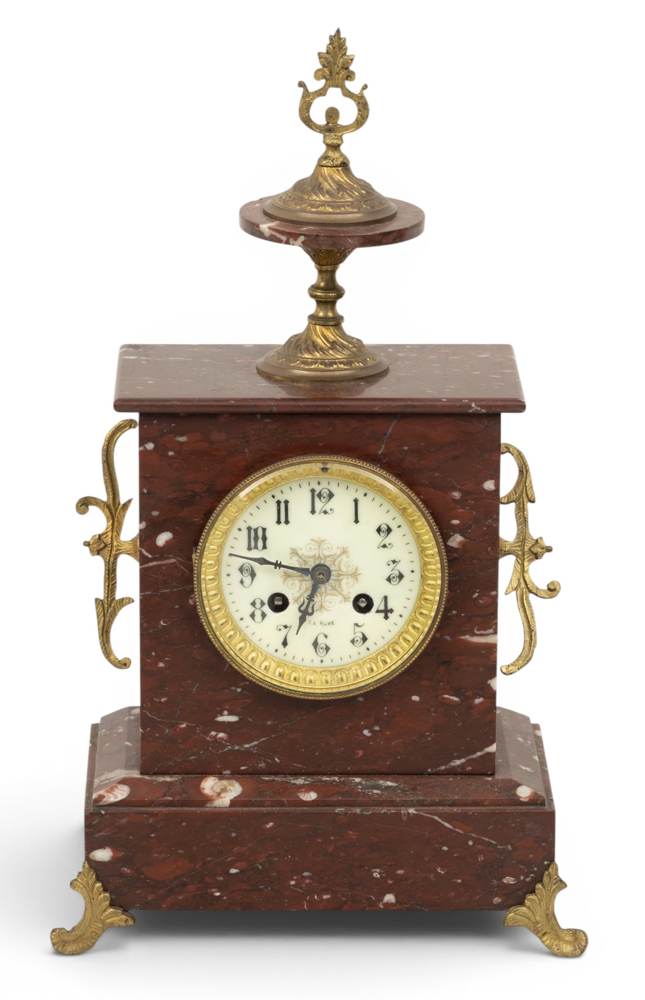 La Have (French) Rouge Marble Mantle Clock 1890, H 16" W 9" Depth 5" (1 of 6)
