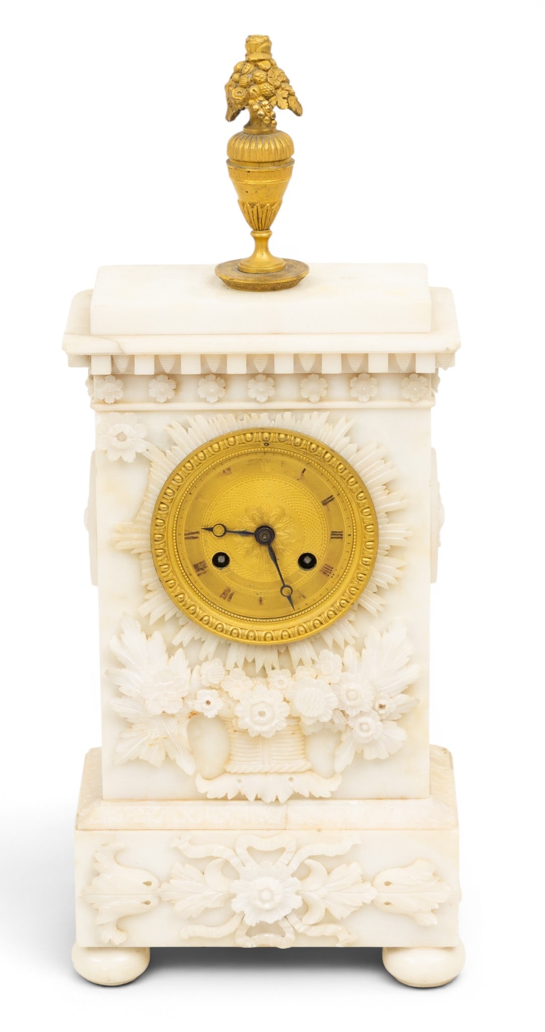 French Carrara Marble and Gold Bronze Mantel Clock 19th.c., H 18" W 7.25" Depth 4.5" 1 PC (1 of 8)