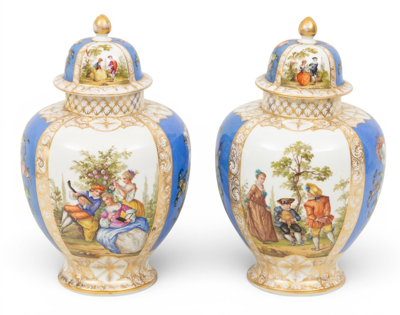 Augustus Rex, Meissen, Porcelain Covered Urns 1900, H 12" Dia. 8" 1 PAIR: Augustus Rex, Meissen, Porcelain Covered Urns 1900, H 12" Dia. 8" 1 PAIR Signed with underglaze blue "AR". Panel style with alternating designs of flowers on blue backgrounds and courting scenes again