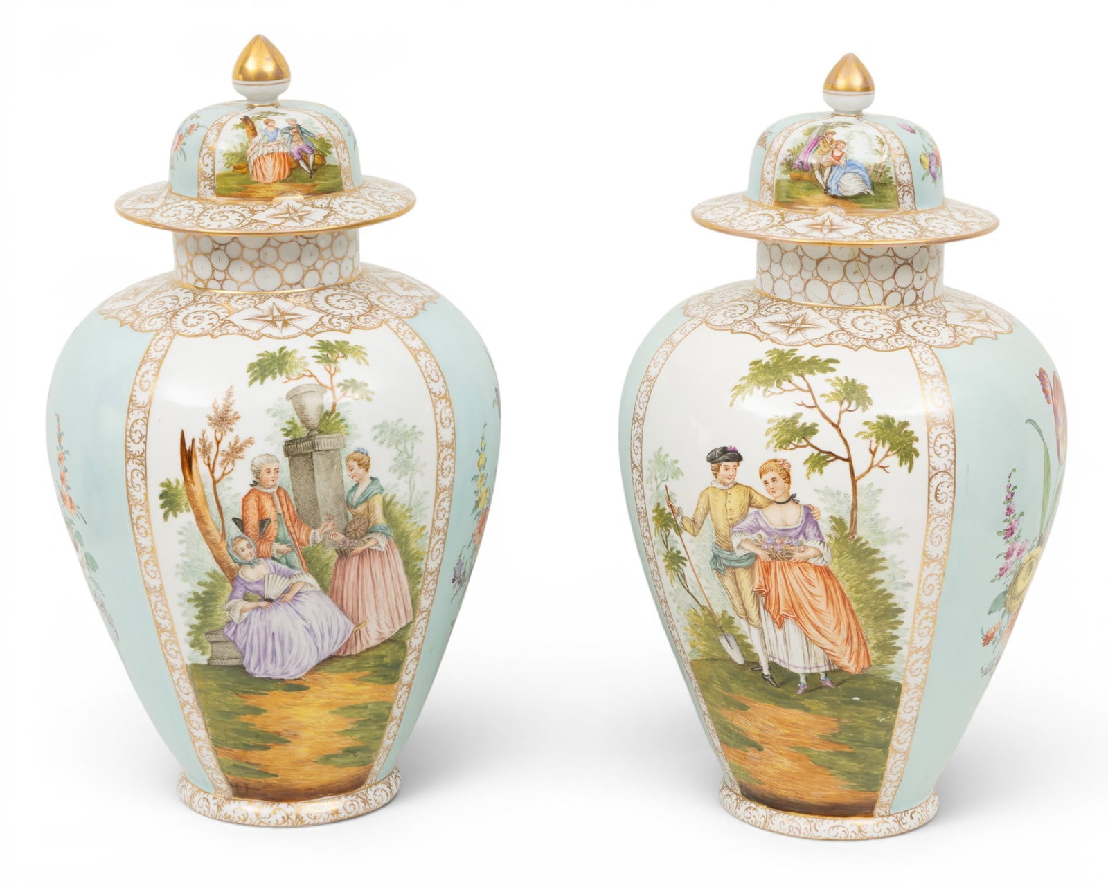 Dresden (Germany) Porcelain Large Scale Covered Urns 1910, 'Courting Scenes', H 20" Dia. 11" 1 PAIR: Dresden (Germany) Porcelain Large Scale Covered Urns 1910, 'Courting Scenes', H 20" Dia. 11" 1 PAIR Signed "Dresden" in script. Panel style design with alternating floral and courting scenes. Large si