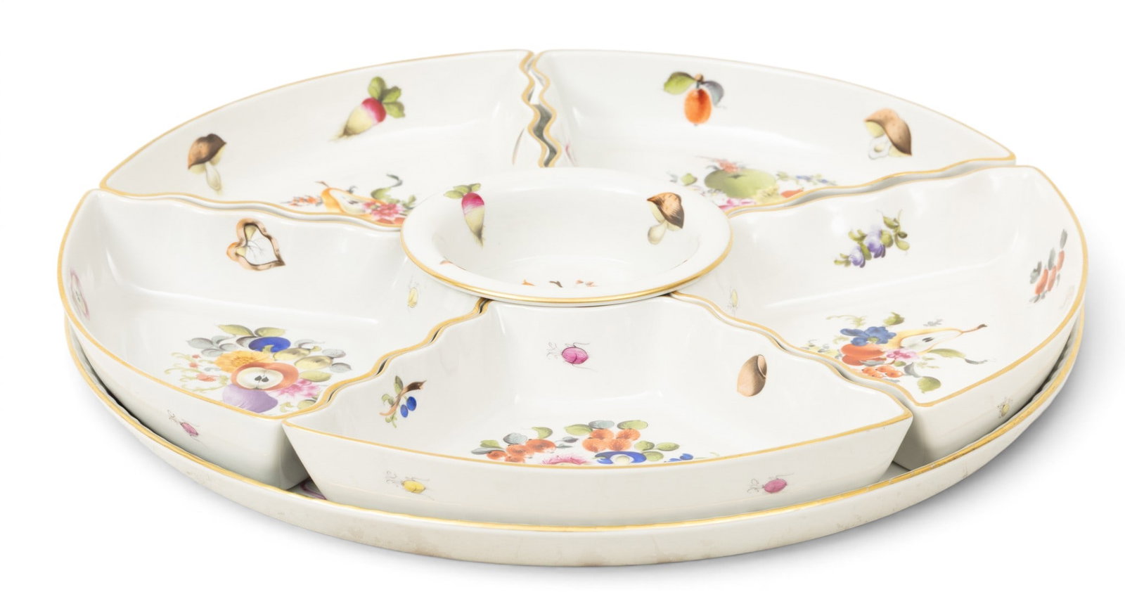 Herend (Hungary) Fruits and Flowers Porcelain Hors D'Oeuvre Server H 1.75" Dia. 15" (1 of 4)