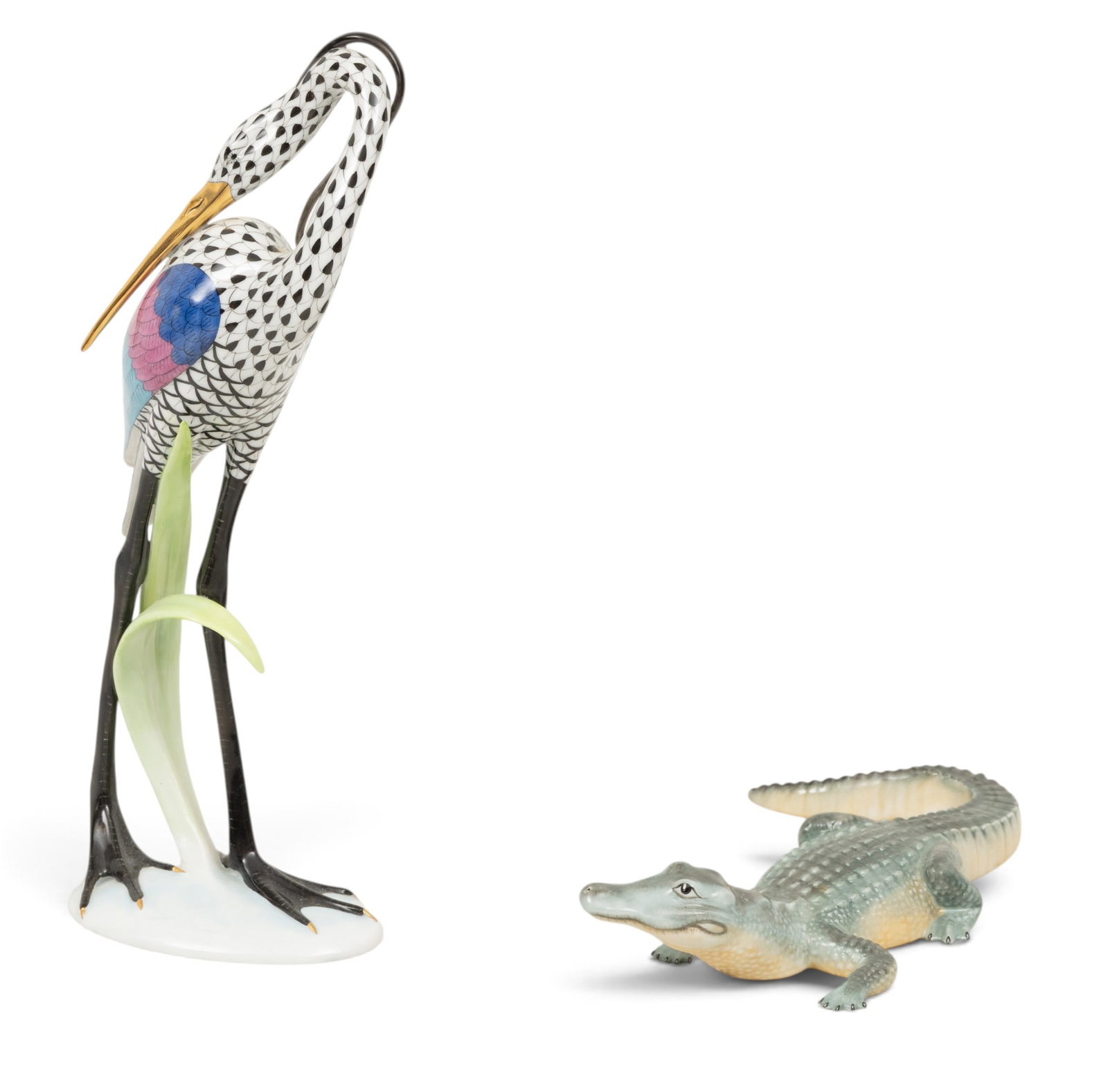Herend (Hungary) Porcelain Alligator & Crane Figurines, Ca. Late 20th C., 2 PCS (1 of 7)