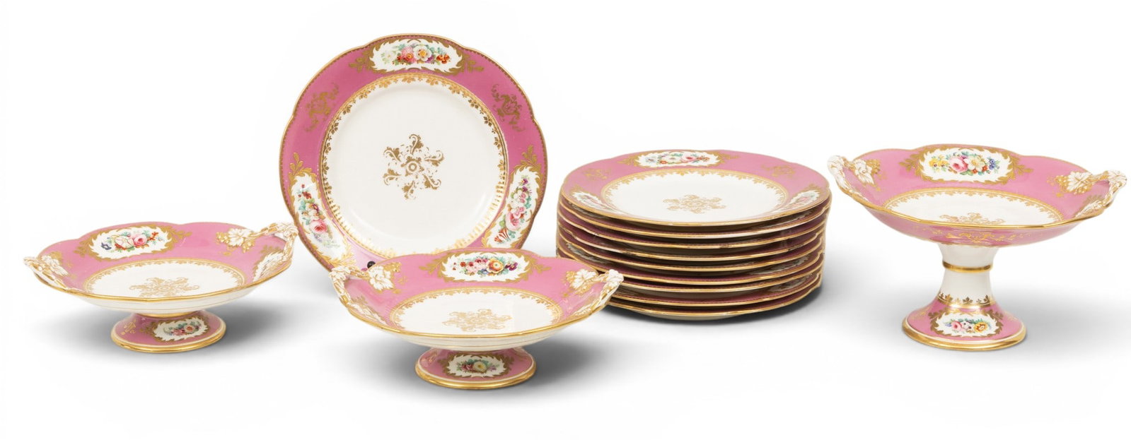 Porcelain De Paris Hand Painted Dessert Set 1900, 13 PCS: Porcelain De Paris Hand Painted Dessert Set 1900, 13 PCS Wide hand painted pink borders with garden flowers in reserves. Gold highlights. Compotes have extending handles with leaves in relief. P