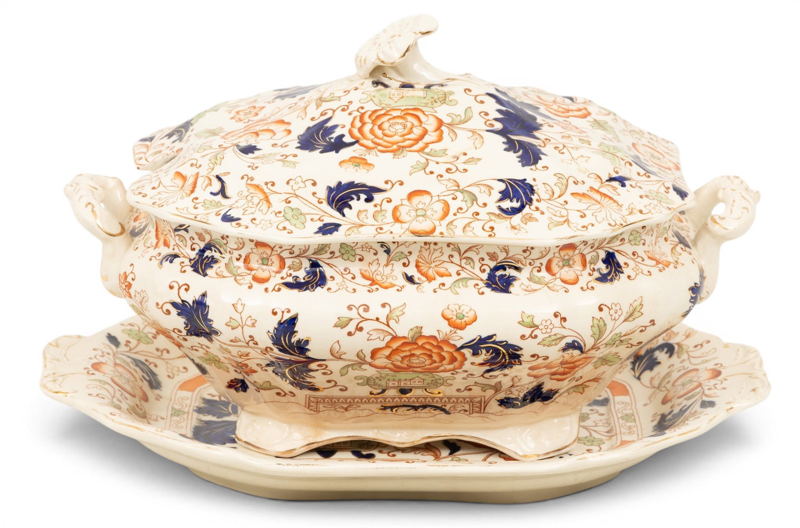 Burleigh Ware (England) Demi-porcelain Tureen and Undertray, Ca. 1903-1919, H 10" L 15" 2 PCS: Burleigh Ware (England) Demi-porcelain Tureen and Undertray, Ca. 1903-1919, H 10" L 15" 2 PCS Burgess & Leigh Ltd., Gordon, England. Cobalt blue, green and orange transfer pattern. Flower form kno
