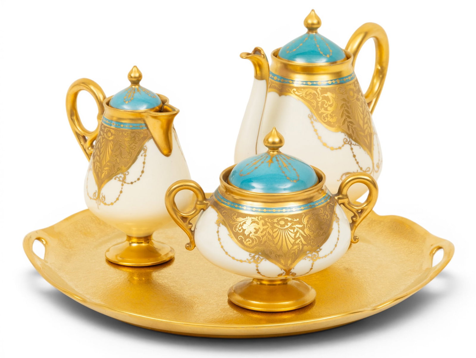 Julius A. Brauer Studio (American, 1903-1926) Rococo Revival Porcelain Individual Tea Service on a: Julius A. Brauer Studio (American, 1903-1926) Rococo Revival Porcelain Individual Tea Service on a Pickard China Tray 1905-1915, 4 PCS Each piece having a white ground with heavy fired gold ornate des