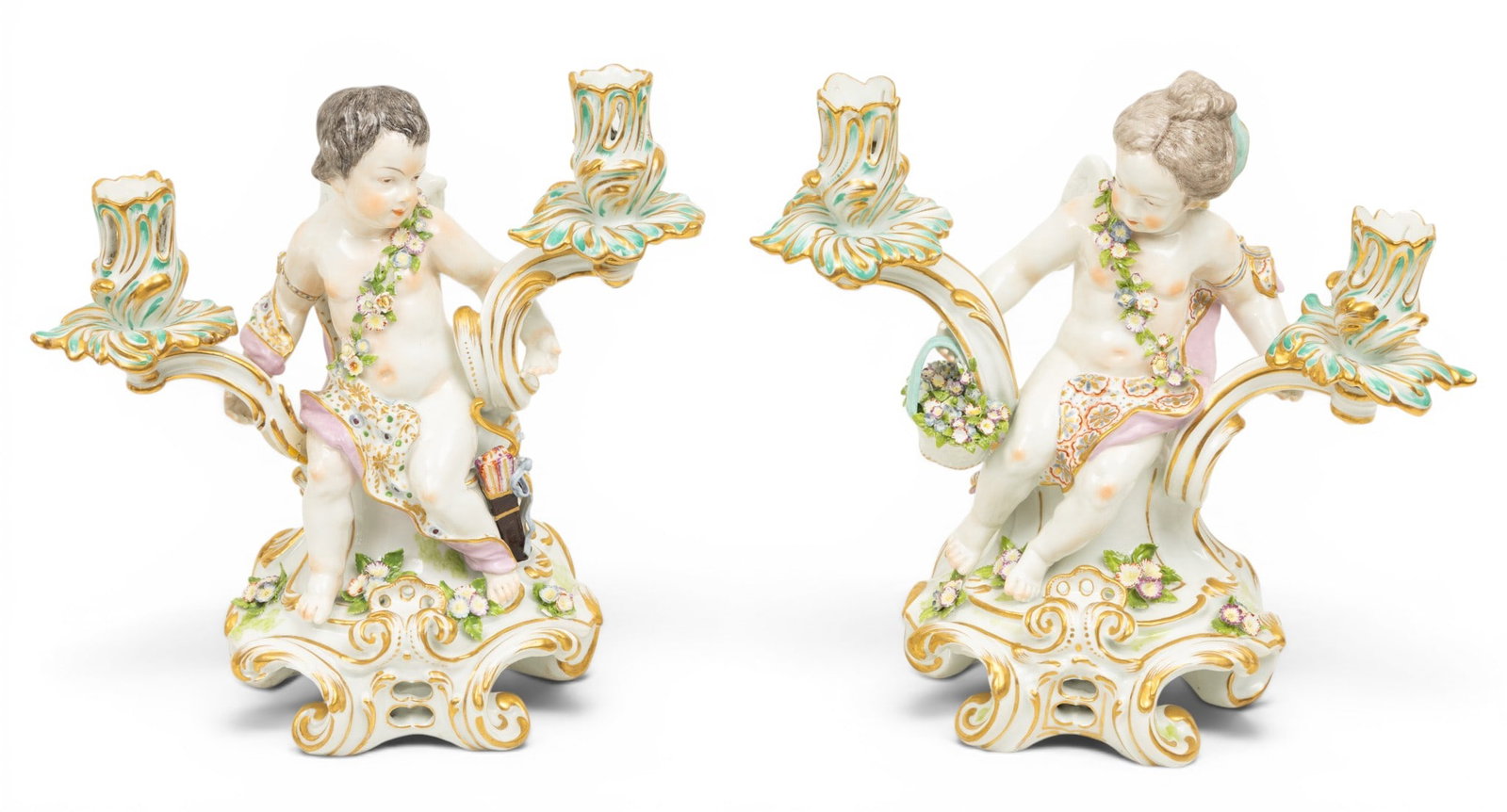 German Baroque Porcelain Candelabrum 1900, 'Winged Cherubs', H 11.5" W 12.5" Depth 5" 1 PAIR (1 of 7)