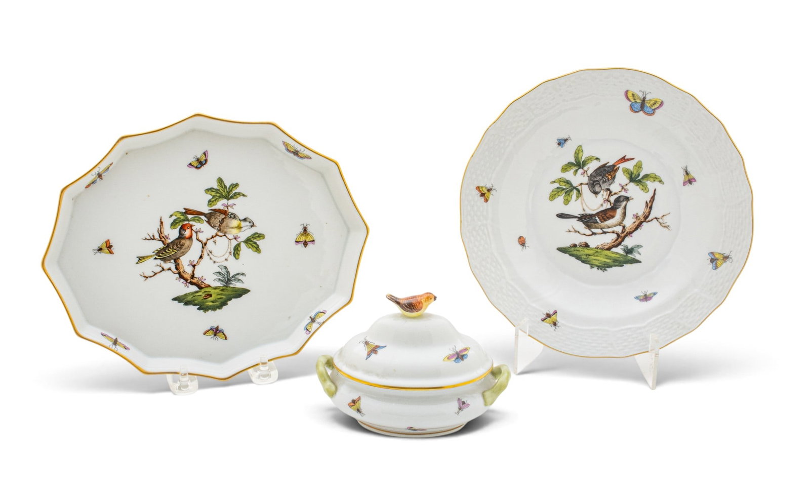 Herend (Hungary) Rothschild Bird Porcelain Tray, Small Tureen and Plate 3 PCS (1 of 7)