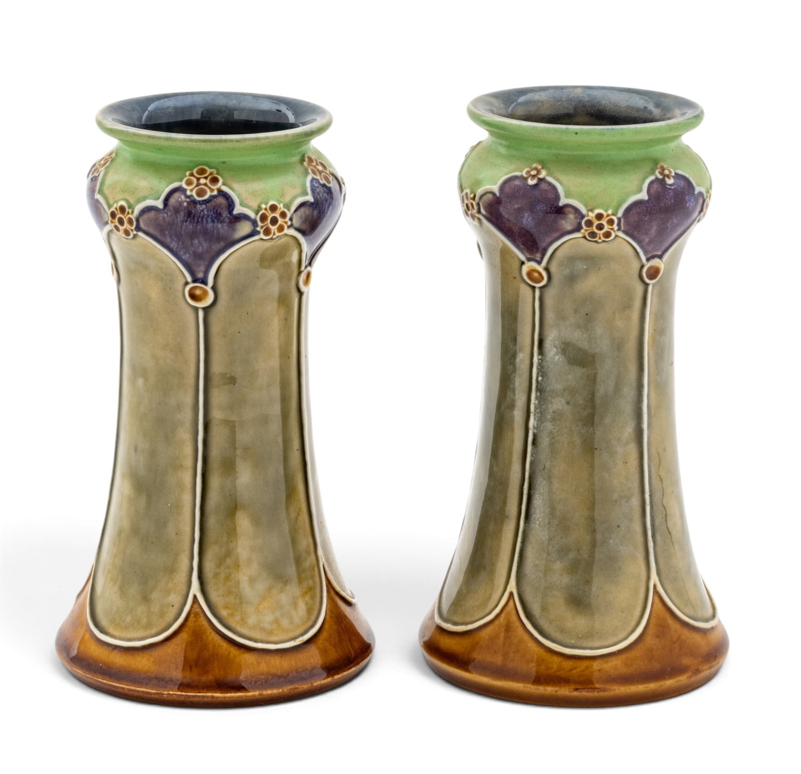 Royal Doulton (Lambeth) Art Nouveau Stoneware Pottery Vases, Ca. 1900-1910, H 7" 1 PAIR (1 of 8)