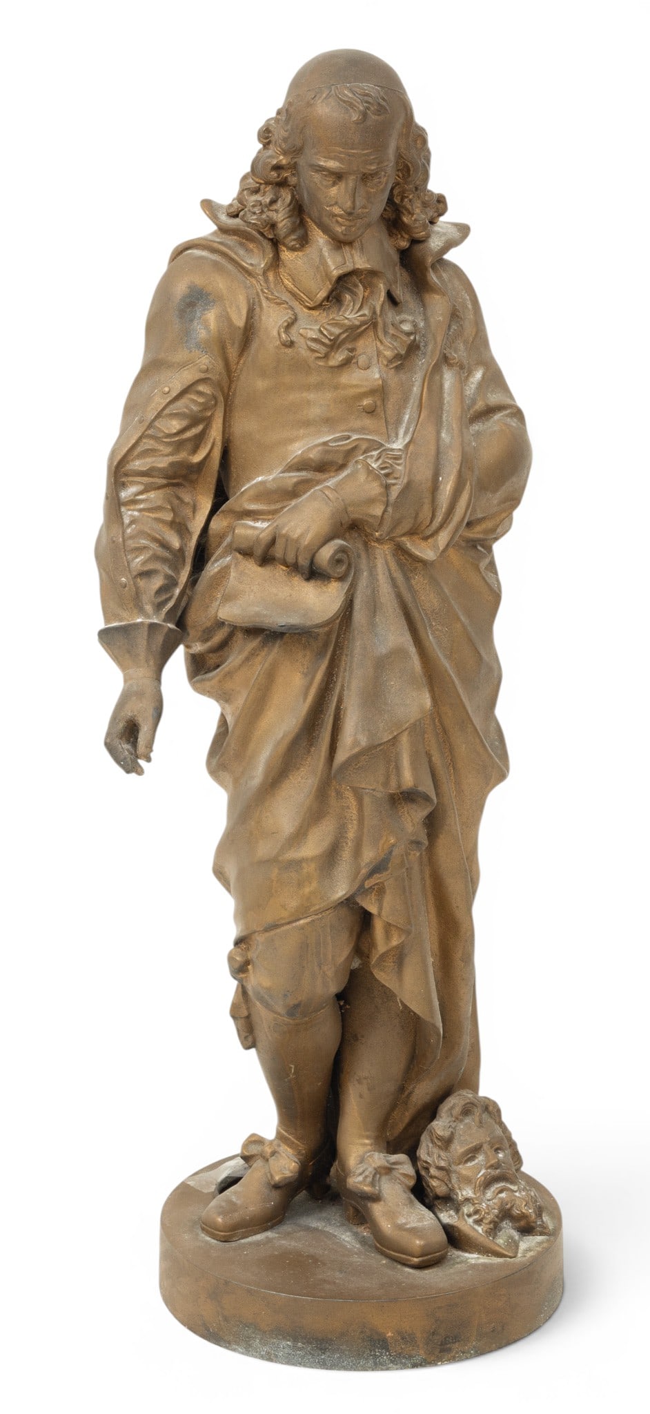 French Patinated Spelter Sculpture, Ca. Early 20th C., 'Molière', H 20.5" Dia. 7" (1 of 8)