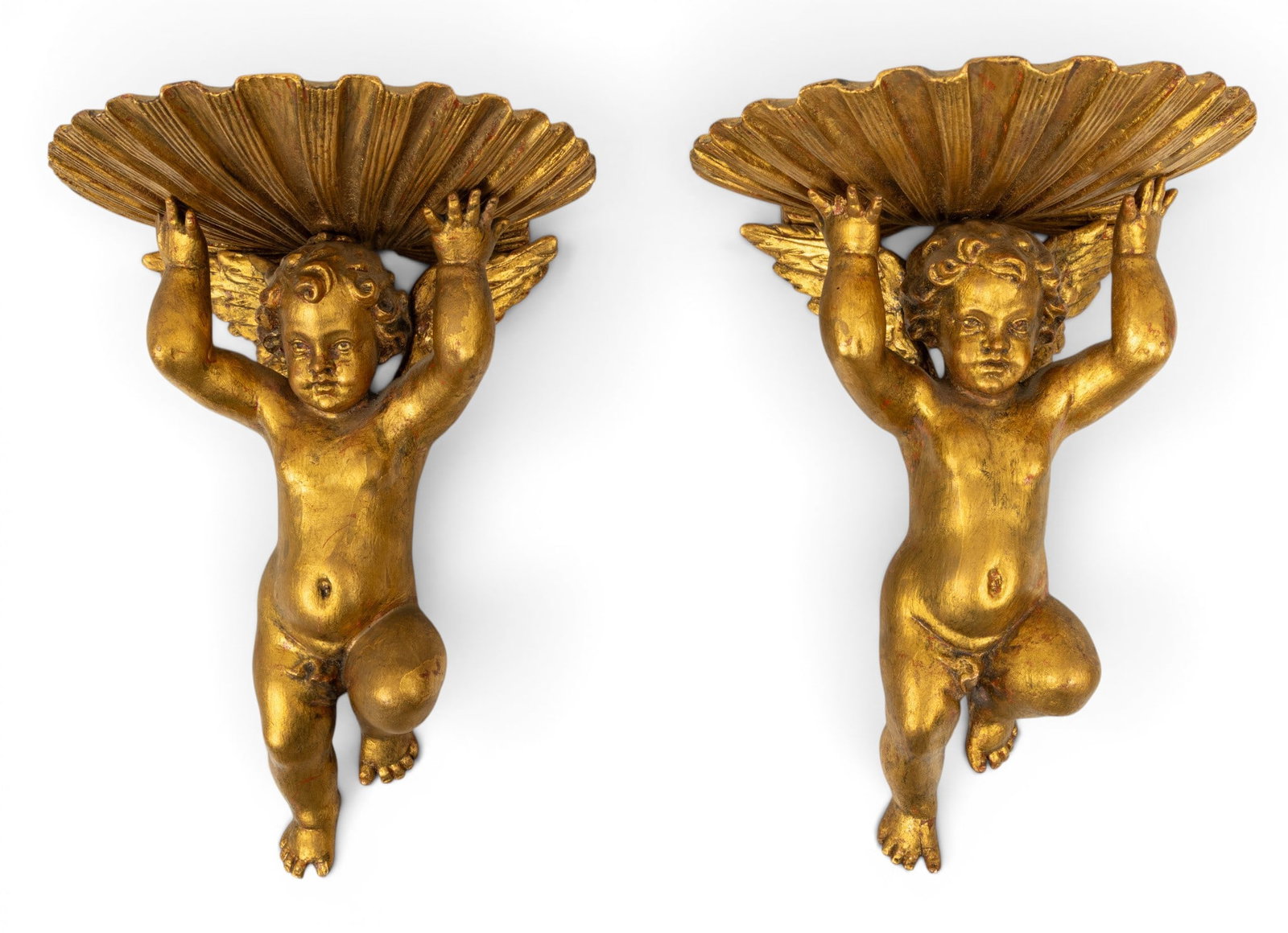 Italian Florentine Gilded and Hand Carved Wood Wall Sconces 20th C., H 9" W 6.5" Depth 5.5" 1 PAIR (1 of 2)