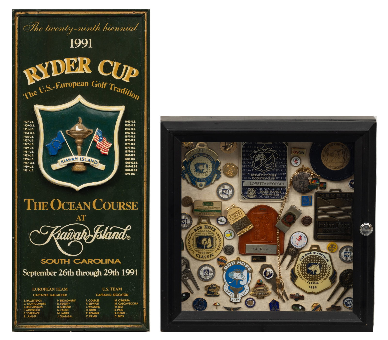 Golf Club Memorabilia in Shadowbox Frame 20th C., H 15" W 15" Depth 3": Golf Club Memorabilia in Shadowbox Frame 20th C., H 15" W 15" Depth 3" Bob Hope Classic Memorabilia: Includes multiple commemorative medallions and pins (such as the 1988 Classic gold-toned medallion 