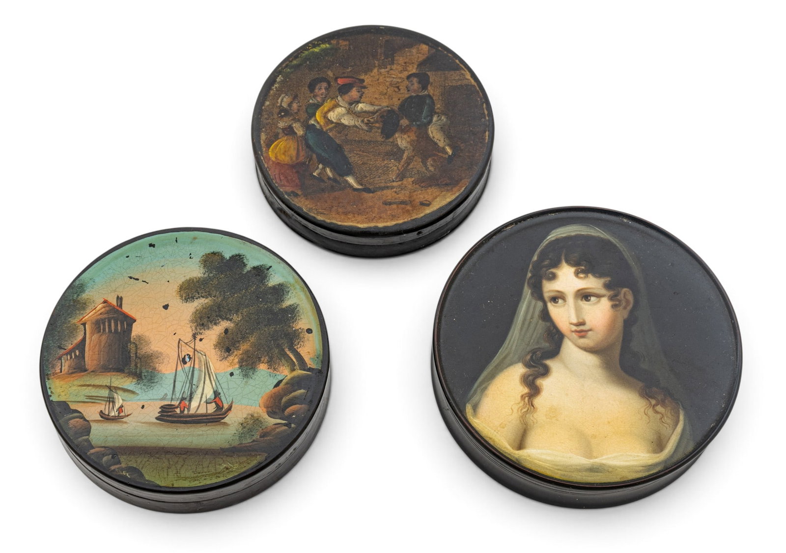 French Hand-painted Lacquer and Papier-mâché Trinket Boxes 1770-1840, Dia. 3" 4 PCS (1 of 11)