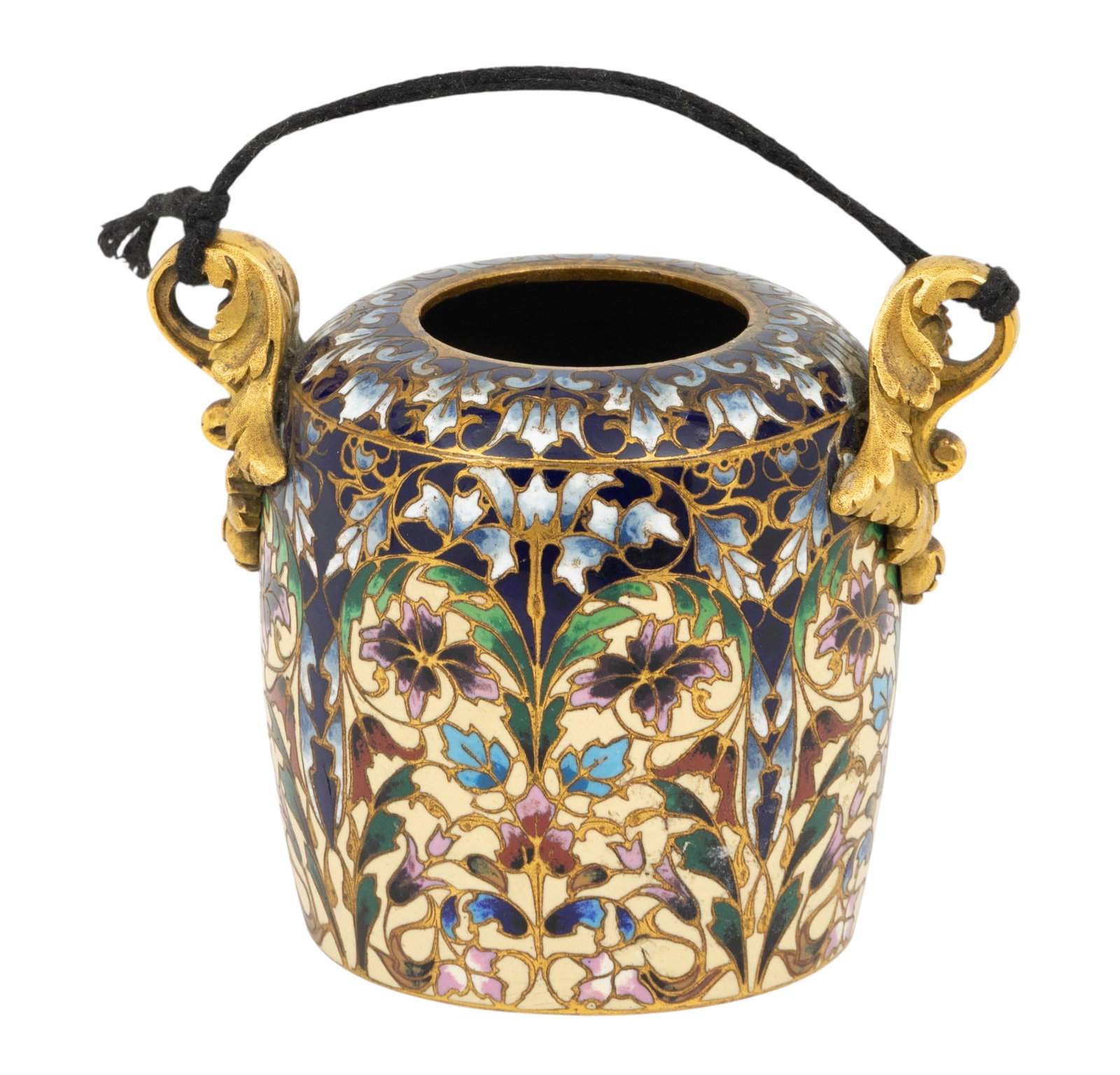 Gilt Bronze/enamel Jar H 4.5" Dia. 3" 14.2 t oz 1 PC: Gilt Bronze/enamel Jar H 4.5" Dia. 3" 14.2 t oz 1 PC Bronze handles. Provenance: Property of a Prominent Grosse Pointe, MI Collector Dimensions: H 4.5" Dia 3" 14.2 t oz 1 PC Weight: 14.