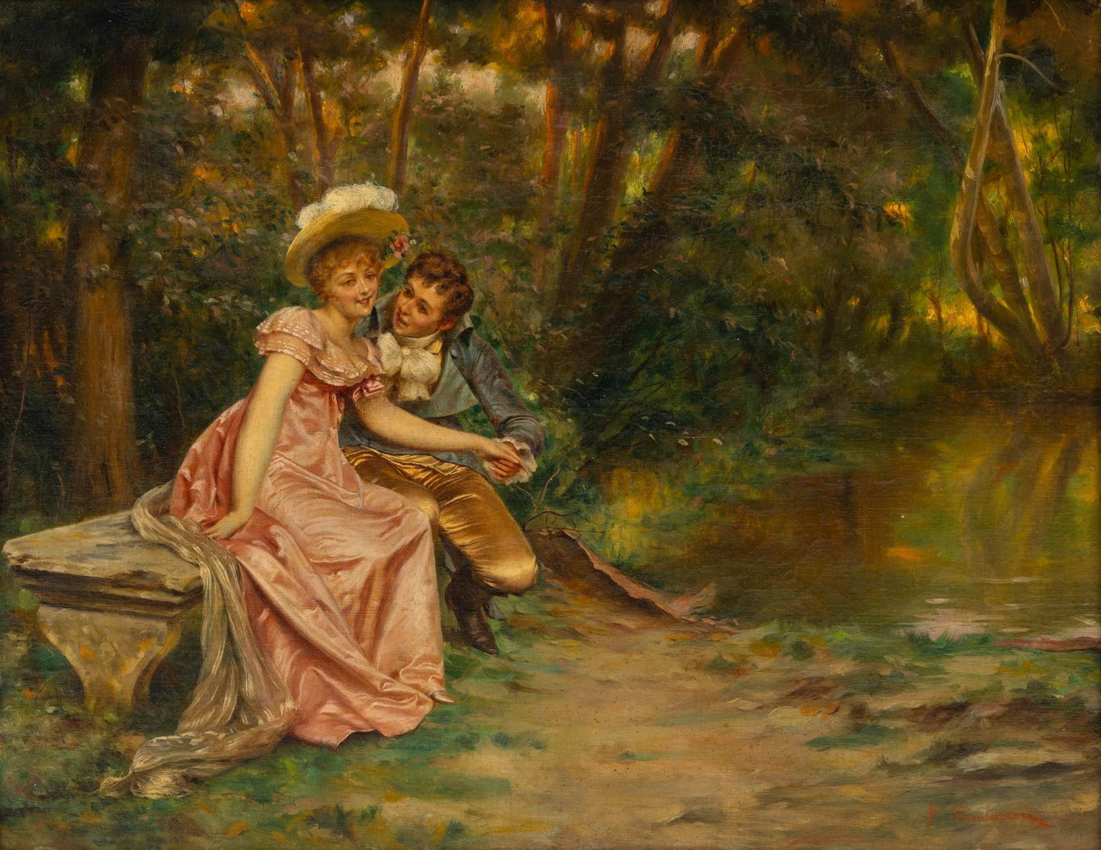 Frederic Soulacroix (French, 1858-1933) Oil on Canvas, Ca. 19th C., 'Courtship', H 15.75" W 19.75": Frederic Soulacroix (French, 1858-1933) Oil on Canvas, Ca. 19th C., 'Courtship', H 15.75" W 19.75" Signed lower right: F. Soulacroix. A scene of courtship with a regency era couple seated on a garden 