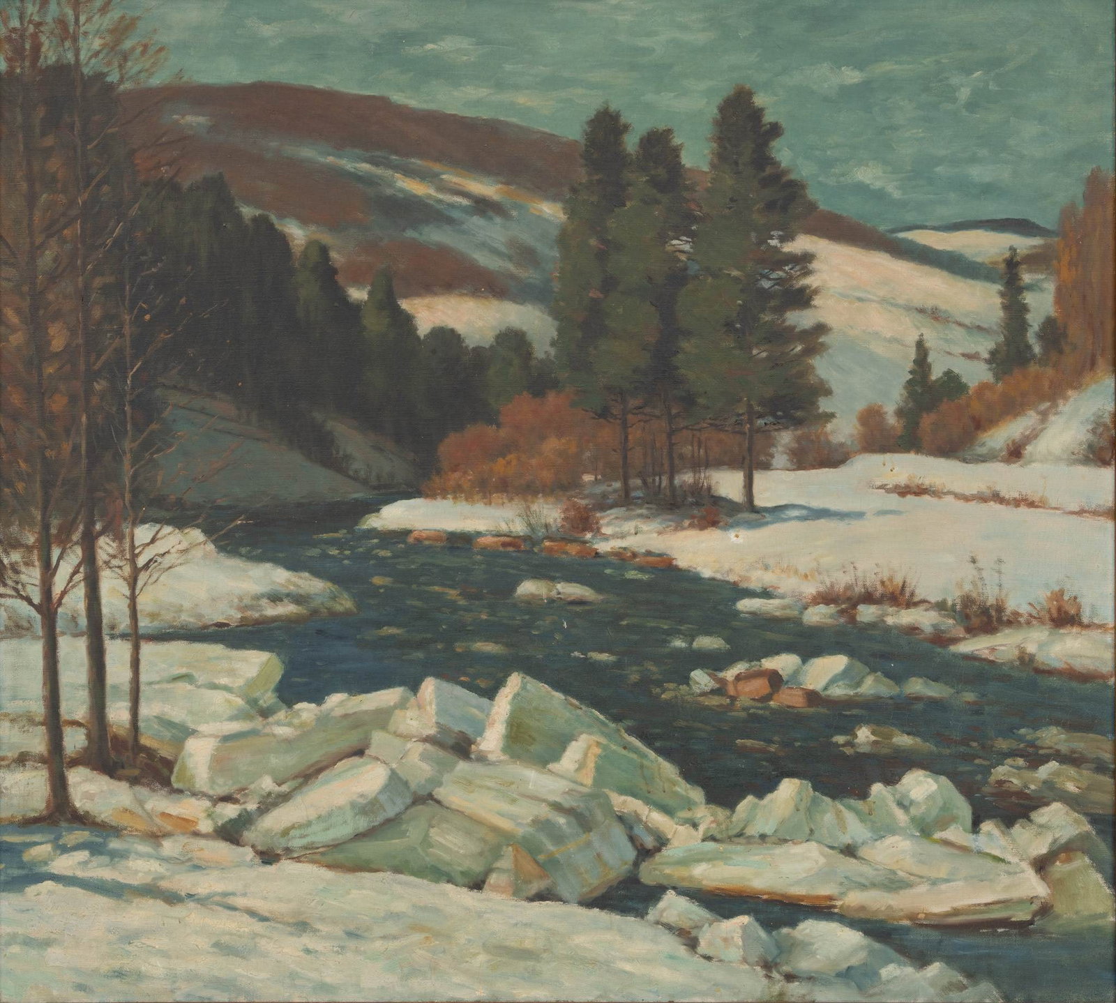 American Oil on Canvas, Ca. 1910-1930, 'Vermont River Scene', H 35" W 39.25" (1 of 7)