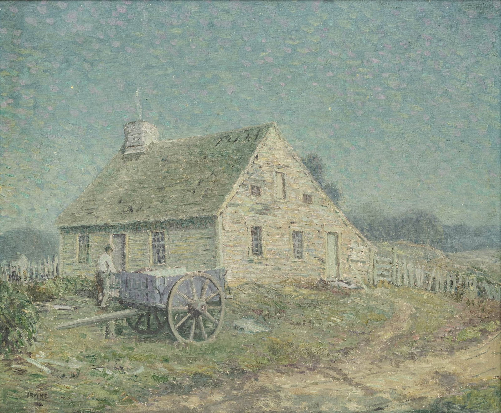 Wilson Henry Irvine (American, 1839-1936) Oil on Canvas 1915-1920, 'The Old House, Lyme Conn', H 25": Wilson Henry Irvine (American, 1839-1936) Oil on Canvas 1915-1920, 'The Old House, Lyme Conn', H 25" W 30" Depicting a farmer entering his Old Lyme home. Signed lower left. Signed, titled verso. 
