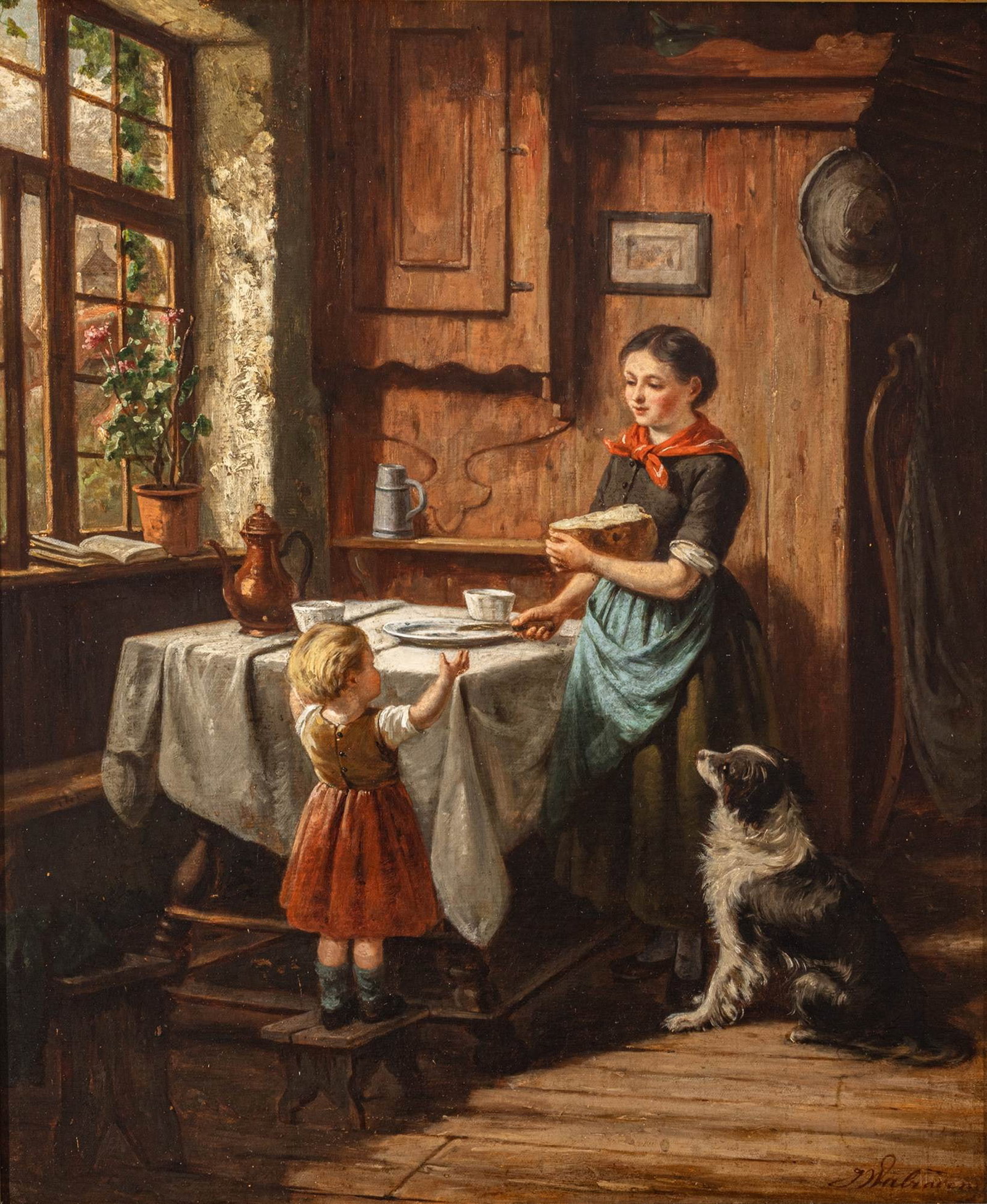 Jan Walraven (Dutch, B. 1827) Golden Age Style Oil on Canvas, a Dutch Interior with Mother, Child (1 of 10)