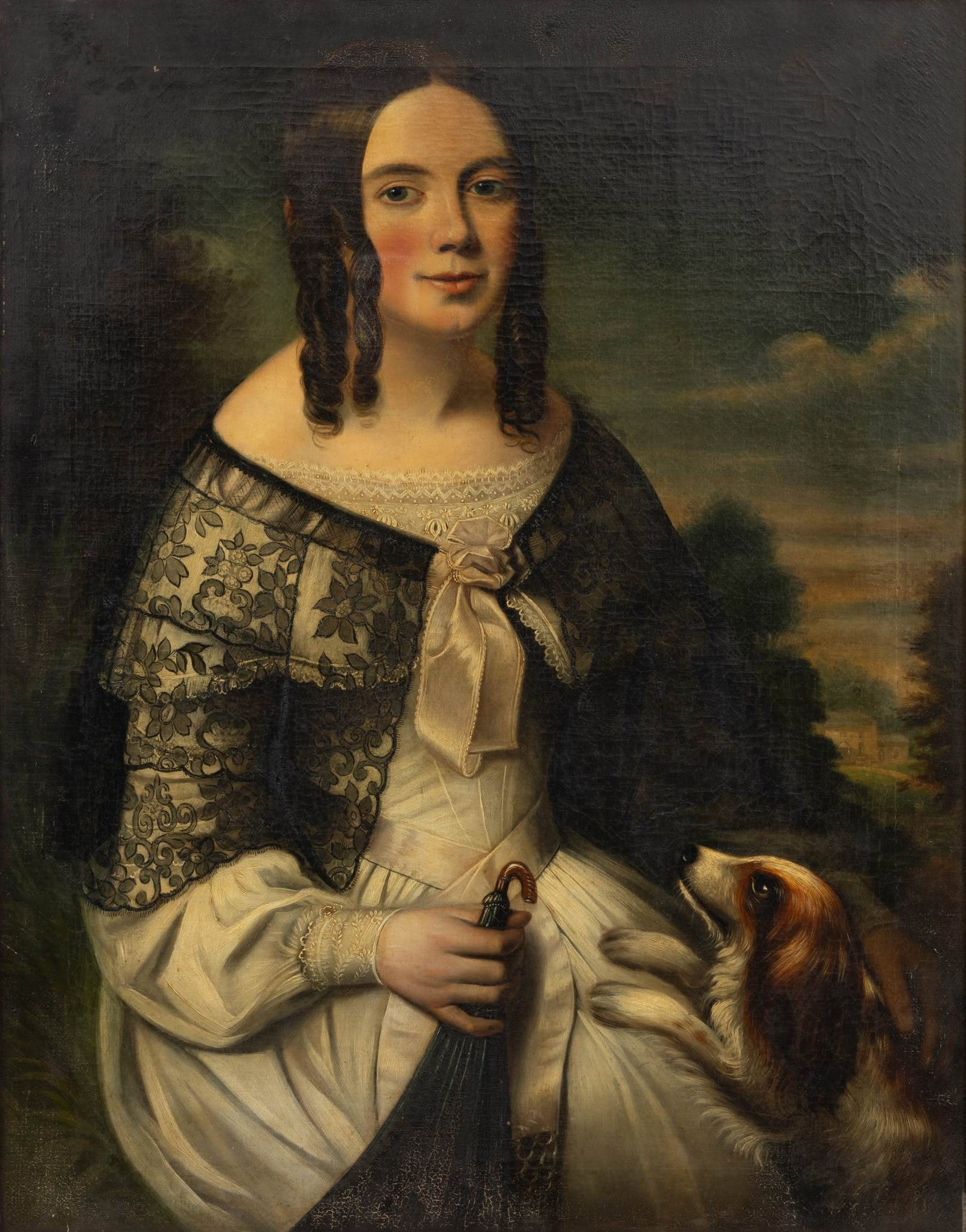 English Oil on Canvas Portrait of a Woman with King Charles Spaniel 1840-1860, H 36" W 28": English Oil on Canvas Portrait of a Woman with King Charles Spaniel 1840-1860, H 36" W 28" Portrait depicts a young woman in a three-quarter length pose with a King Charles spaniel at her left and par