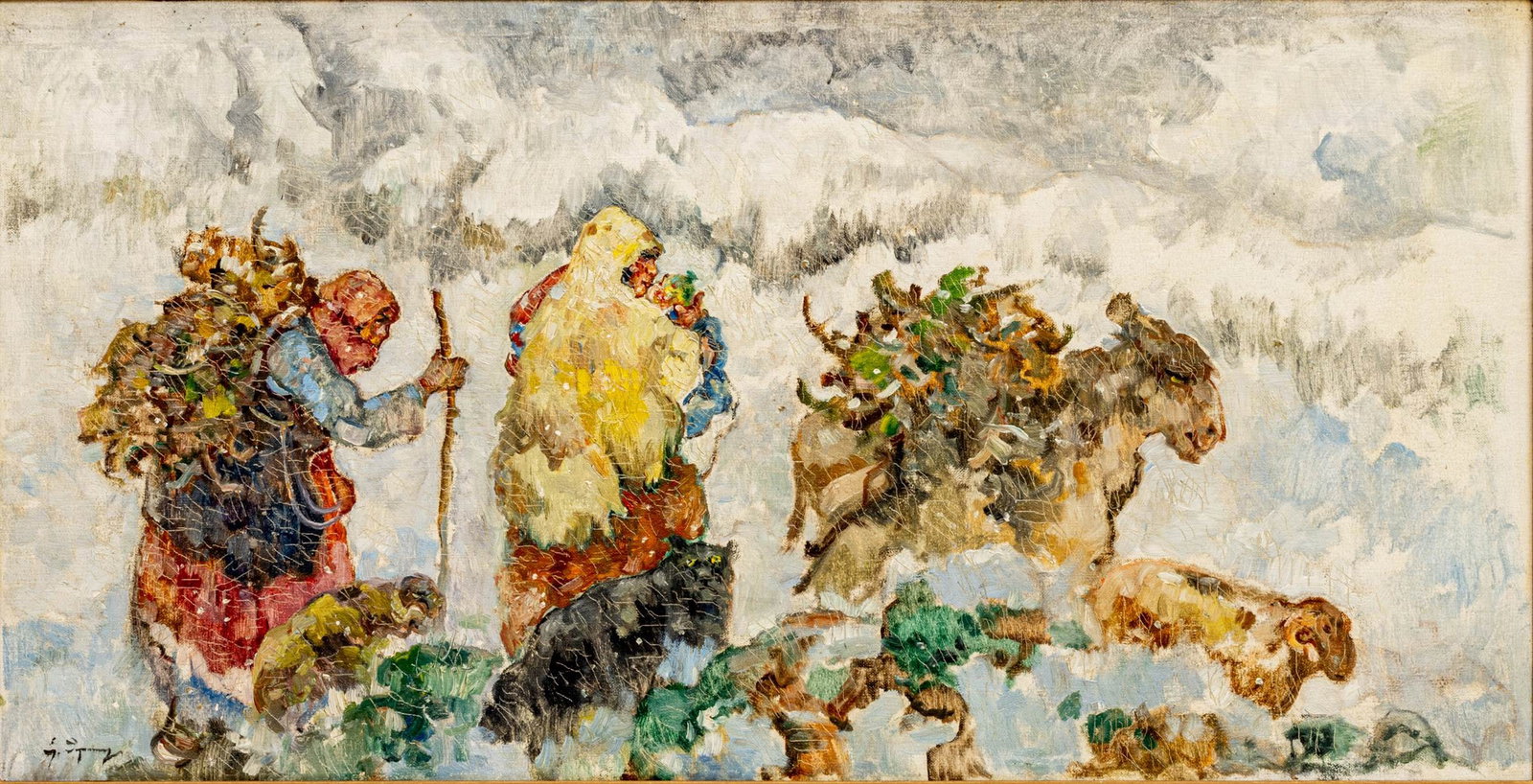 Epaminondas Thomopoulos, (Greece, 1878-1974) Oil on Canvas 'Family of Shepherds', H 19" W 35" 1 PC: Epaminondas Thomopoulos, (Greece, 1878-1974) Oil on Canvas 'Family of Shepherds', H 19" W 35" 1 PC Signed lower left. Thomopoulos was born in Greece and studied in Italy. He was a member and former pr